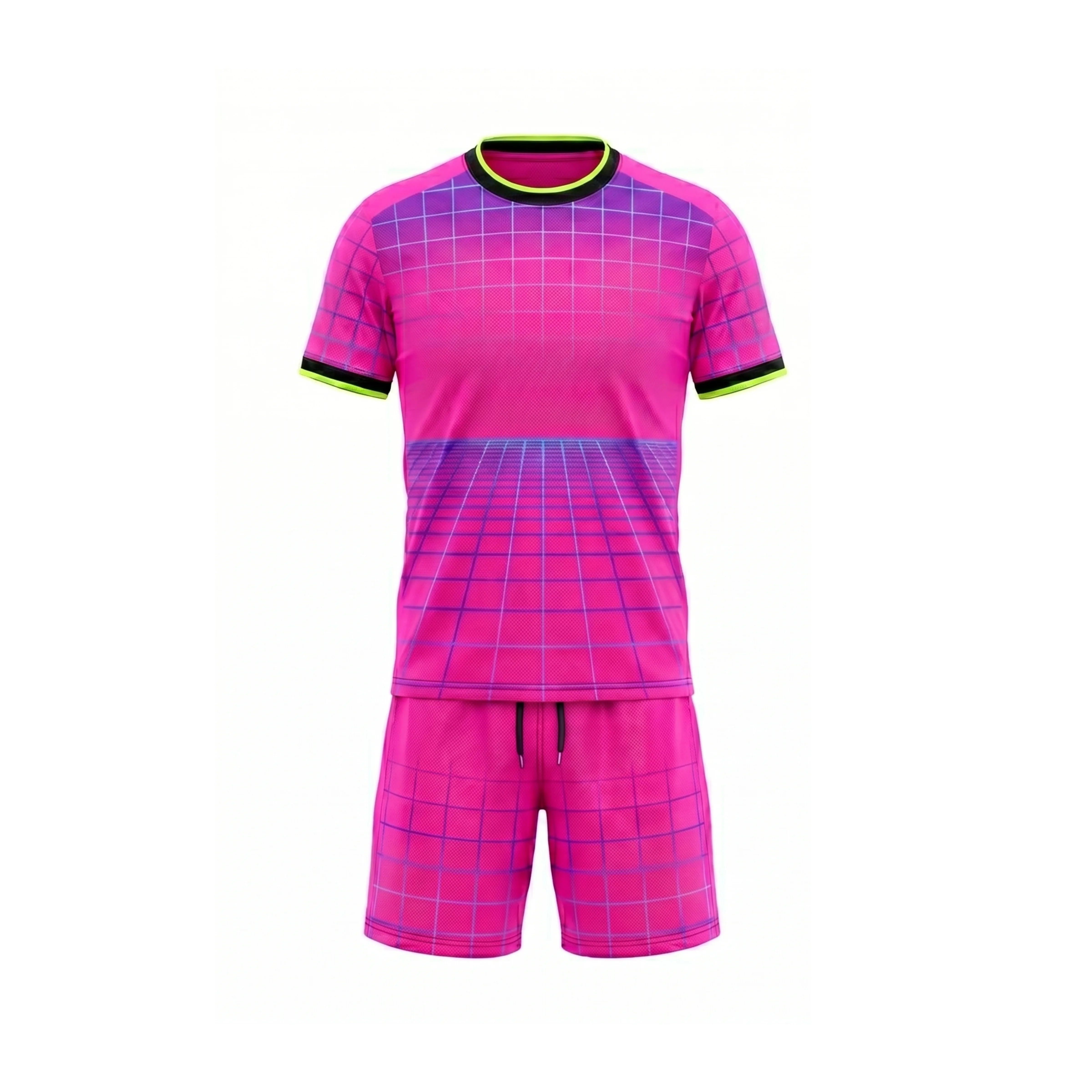 Hot Pink & Purple Grid Pattern Soccer Jersey & Shorts Kit with Black-Lime Trim