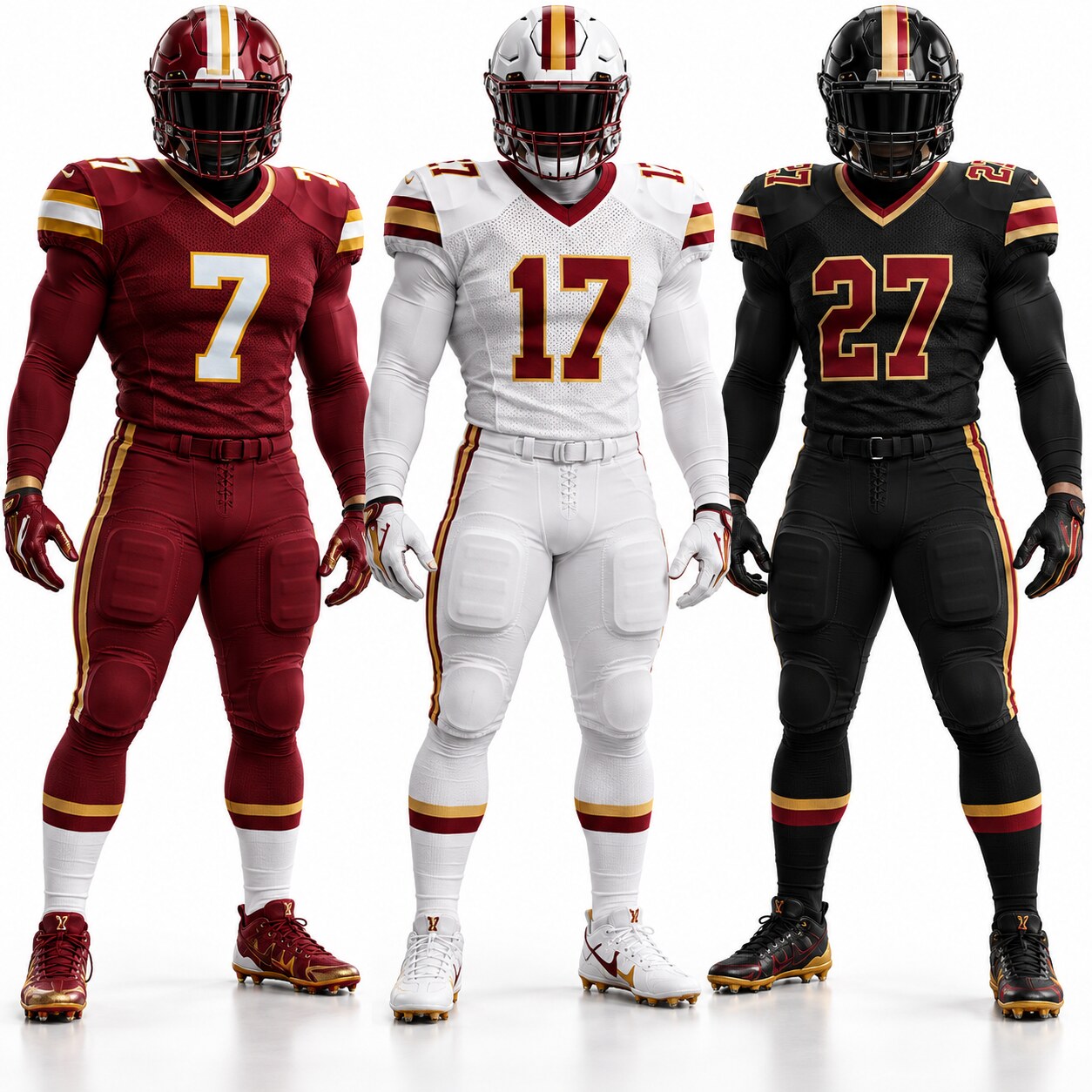 Tight coordinated home away and alternate American football uniforms