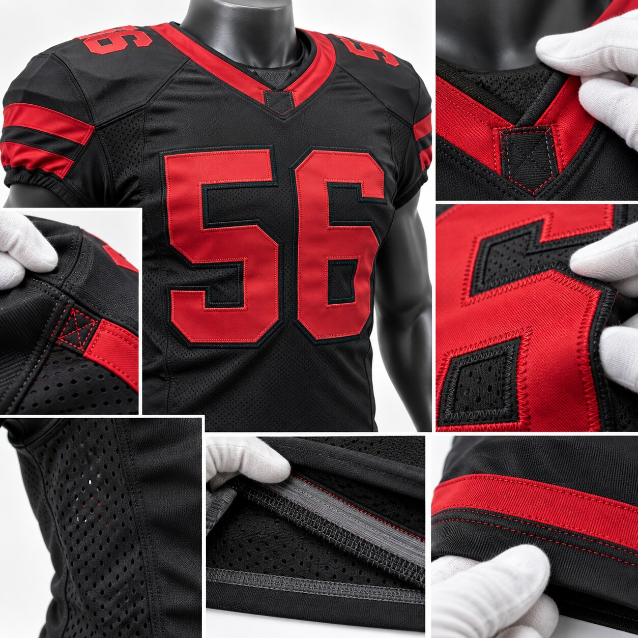 Quality inspection of football jersey collar seams mesh and layered number