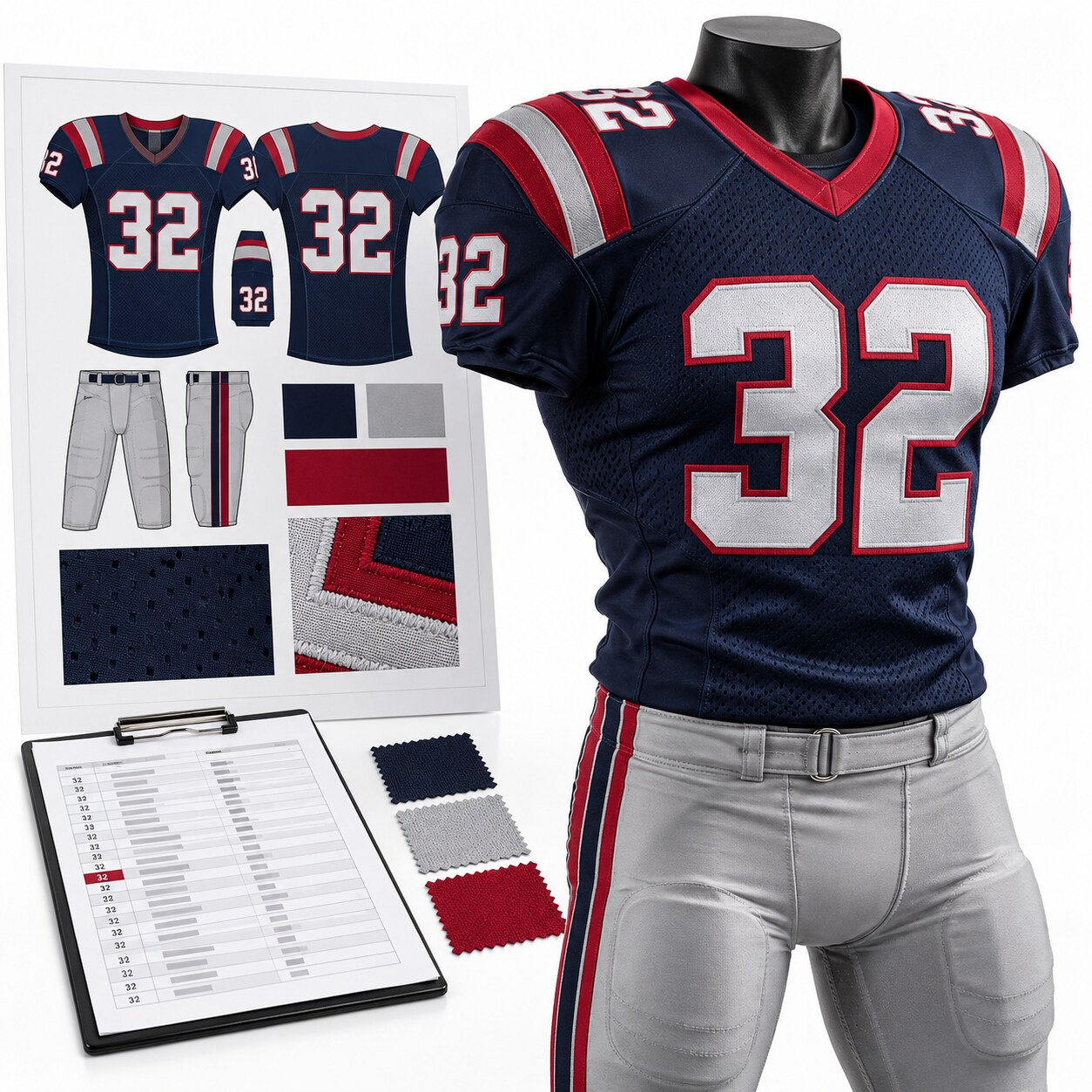 Finished football uniform matching an artwork proof roster and color swatches