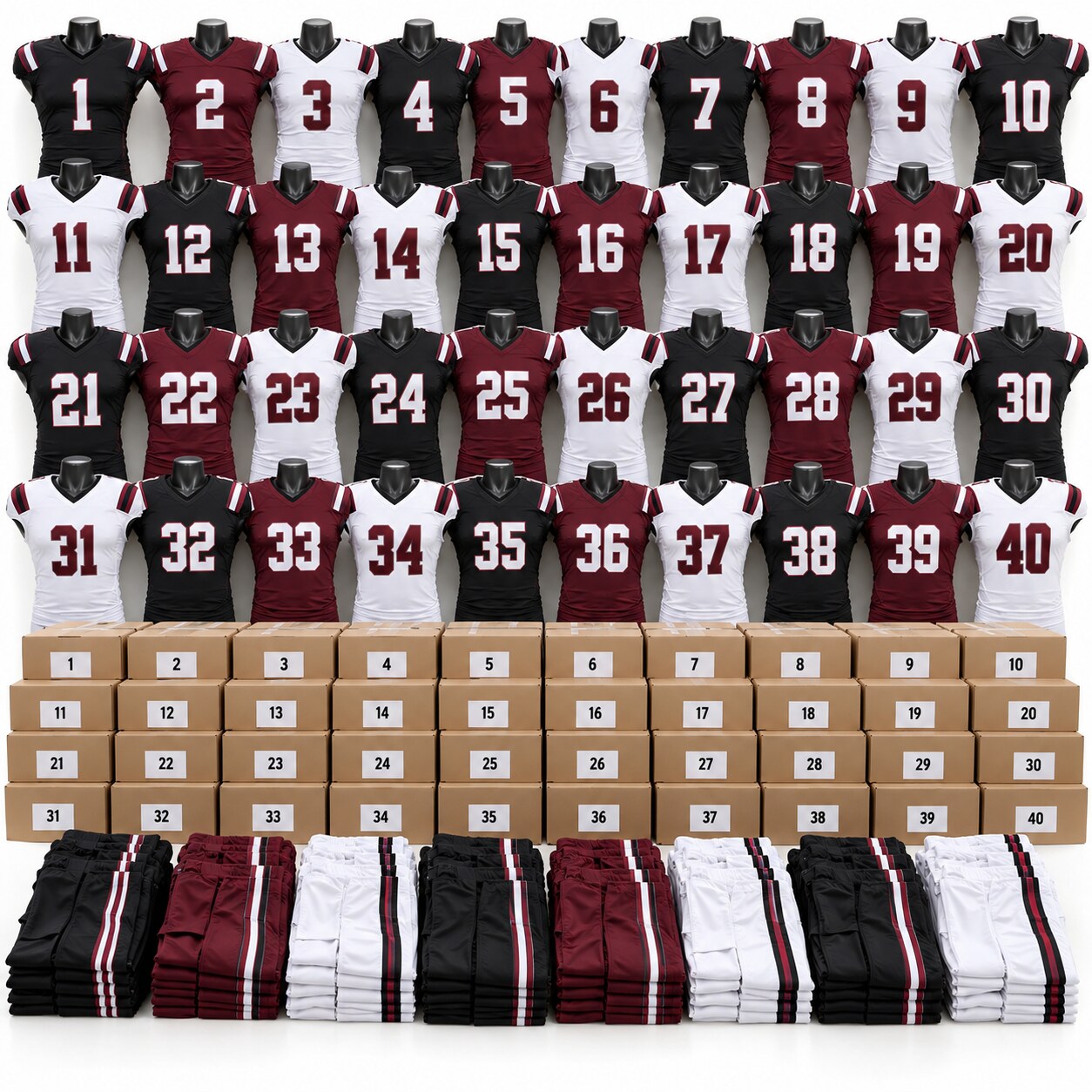 Forty numbered custom football uniforms prepared as a bulk team order