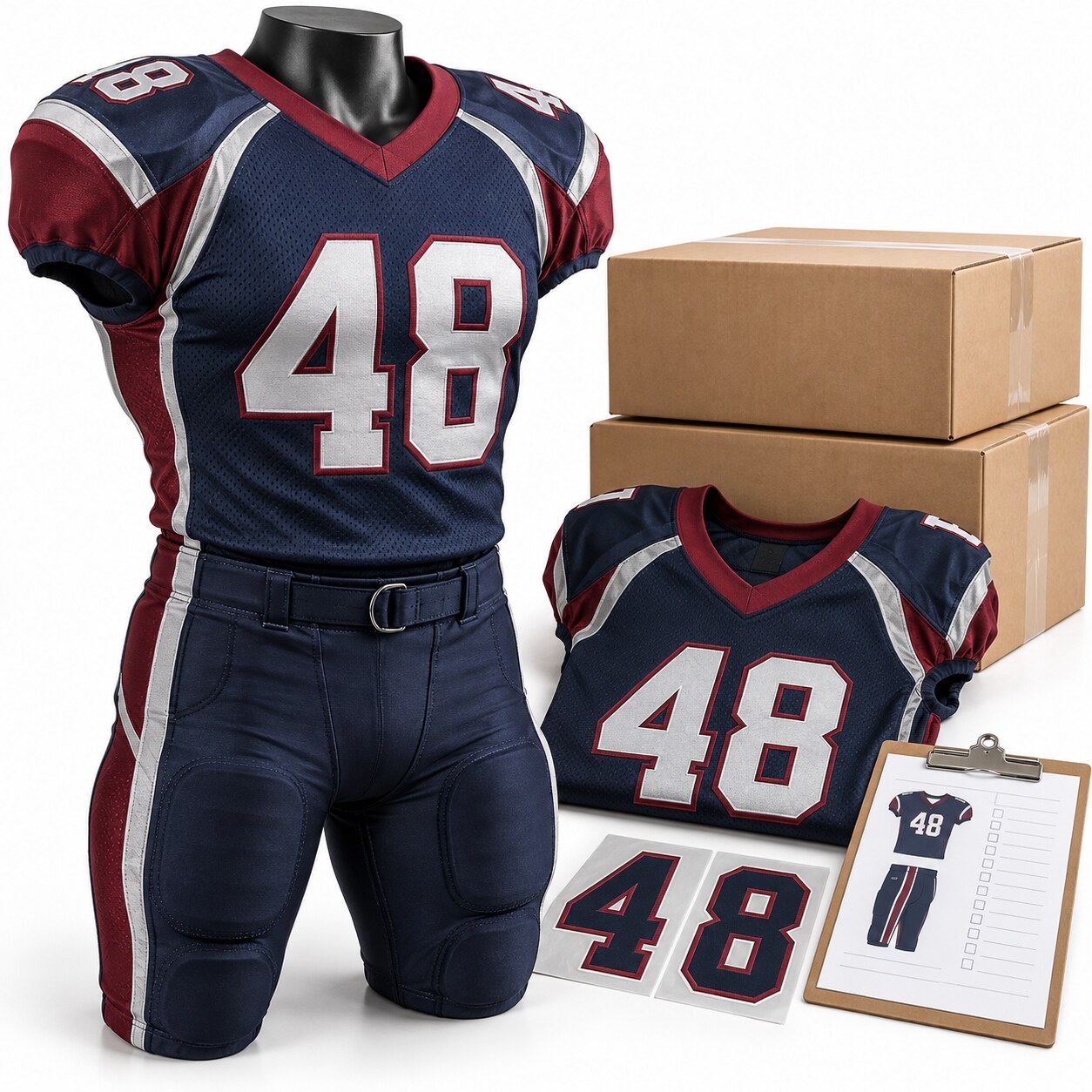 Tight custom football uniform with shipping cartons and reorder materials