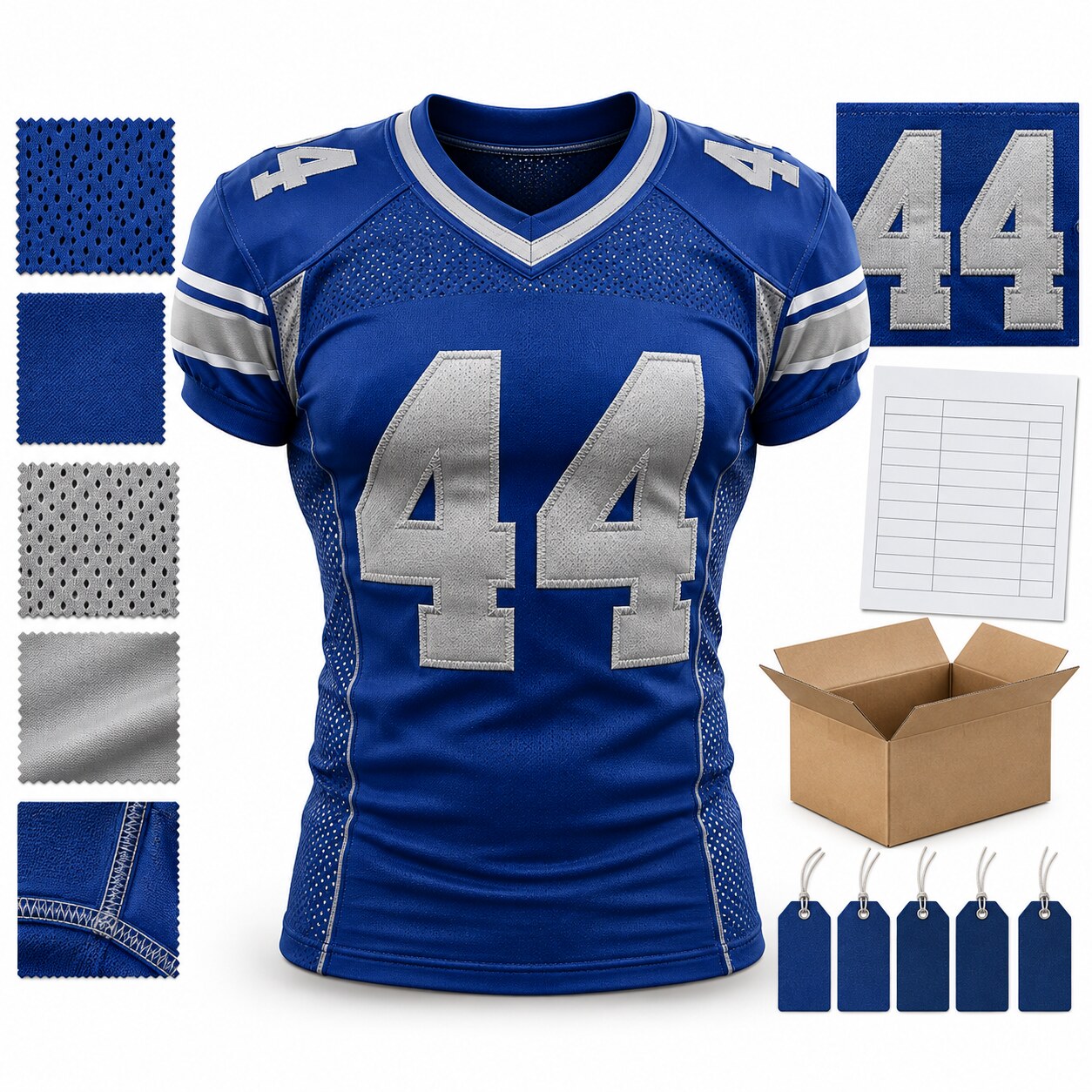 Tight blue football jersey surrounded by fabric number roster and shipping cost drivers