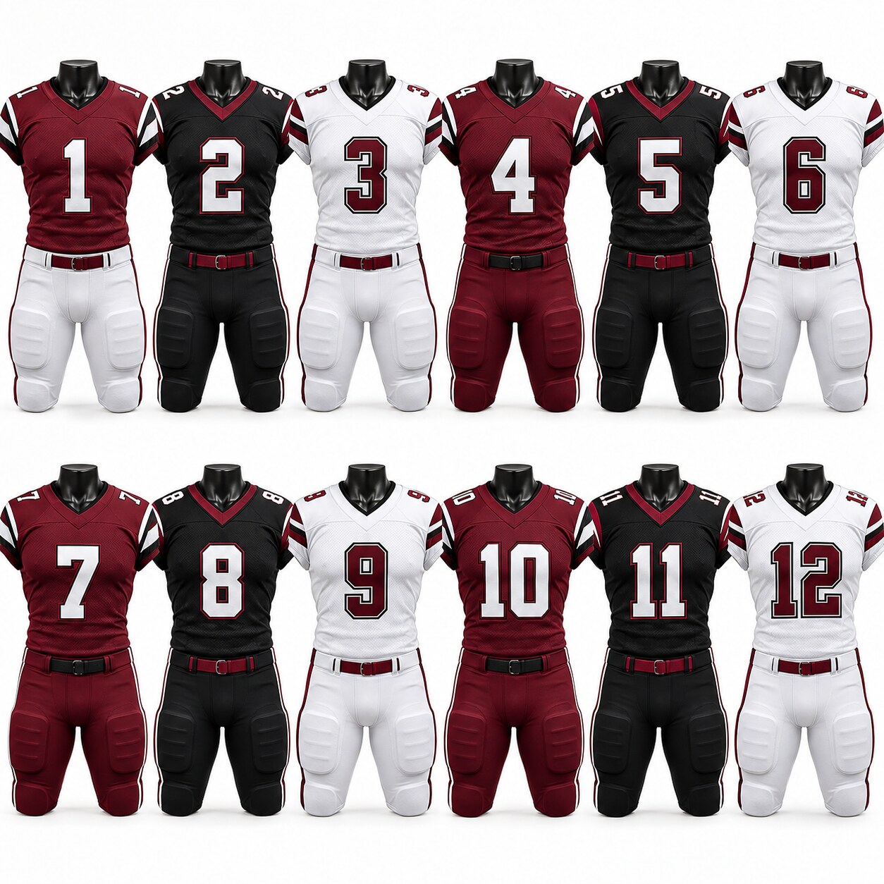 Twelve coordinated numbered custom American football uniforms for a roster