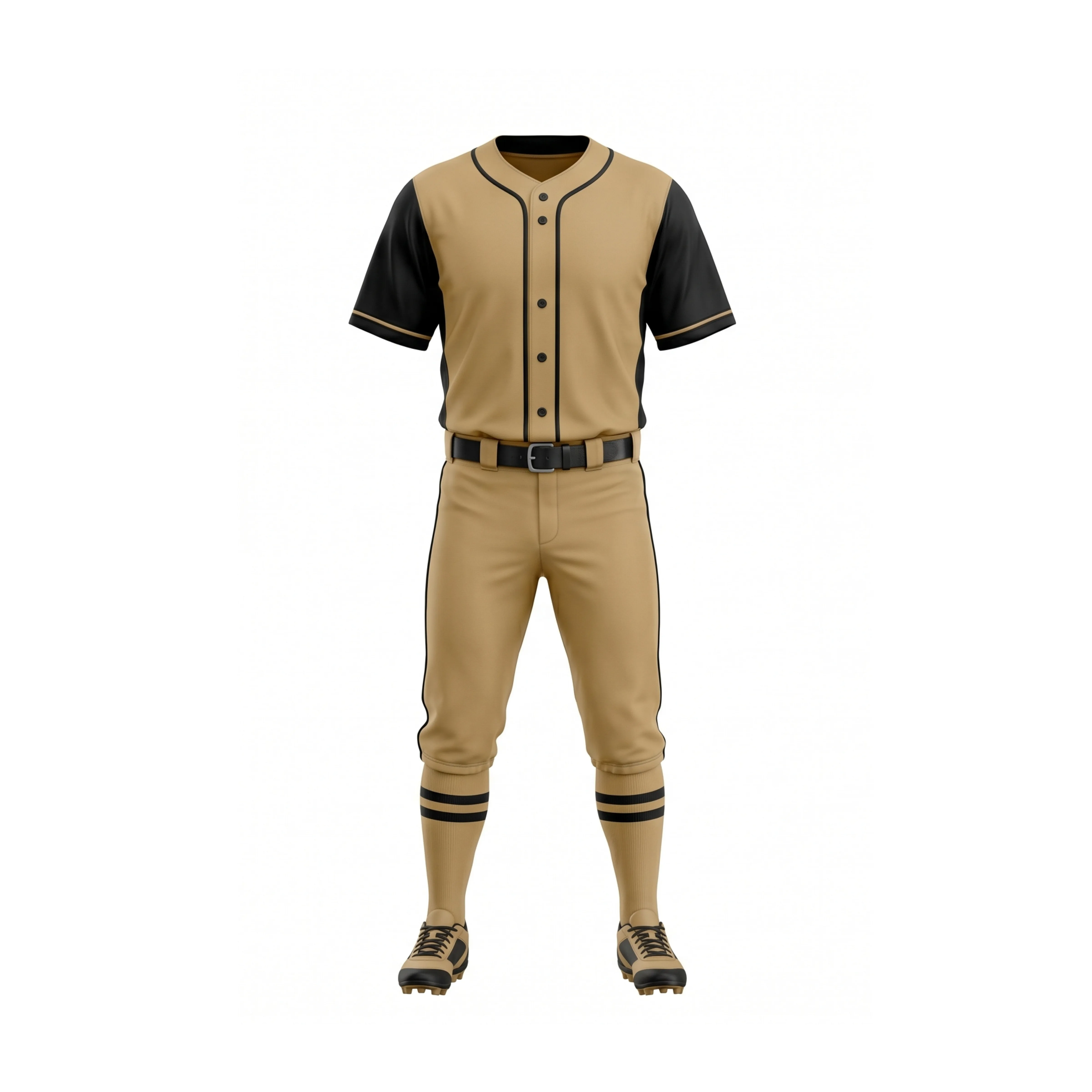 Khaki & Black Piped Full-Button Baseball Uniform Set