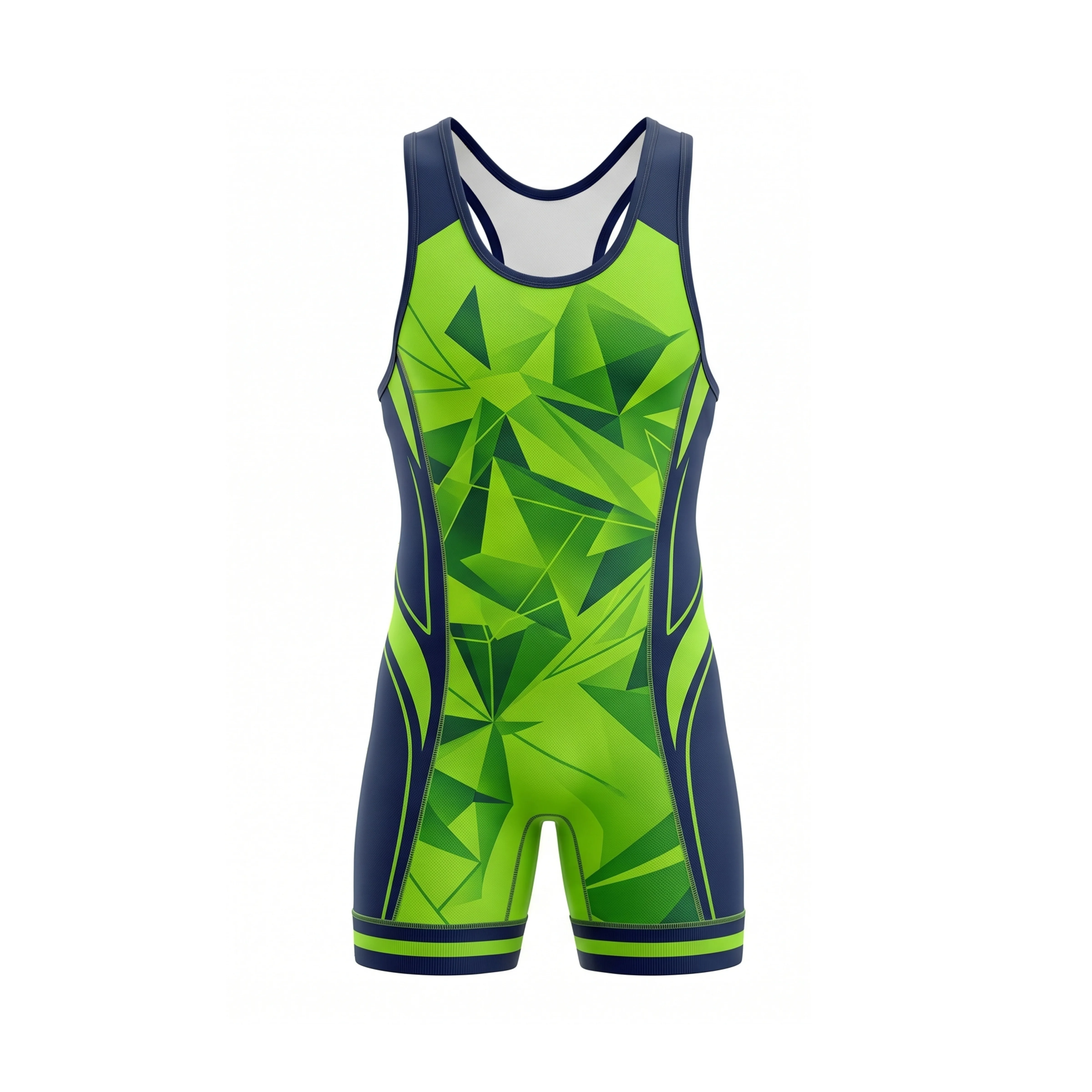 Lime Green Geometric Pattern Wrestling Singlet Navy Trim