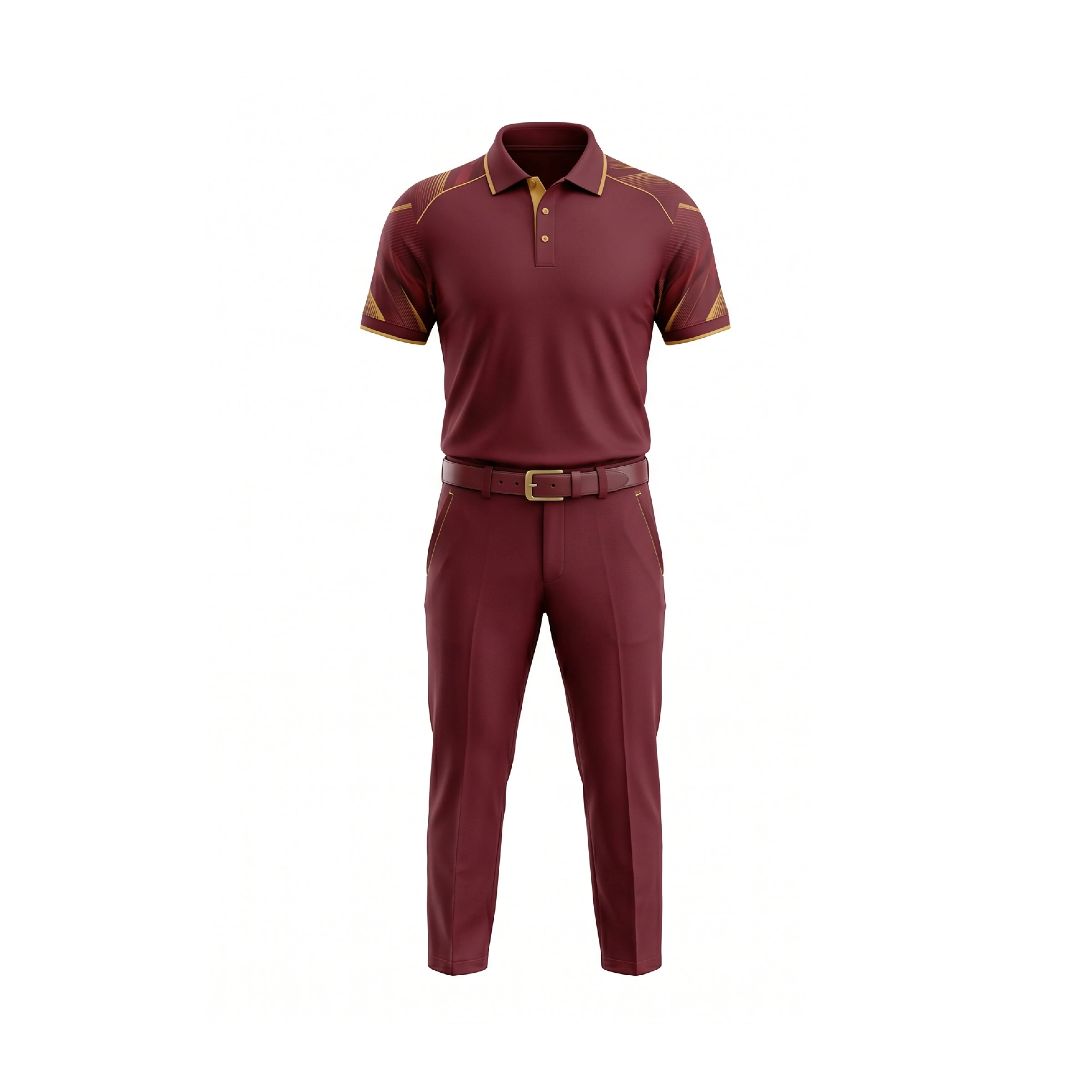 Maroon Golf Polo & Trousers Set with Gold Geometric Accents