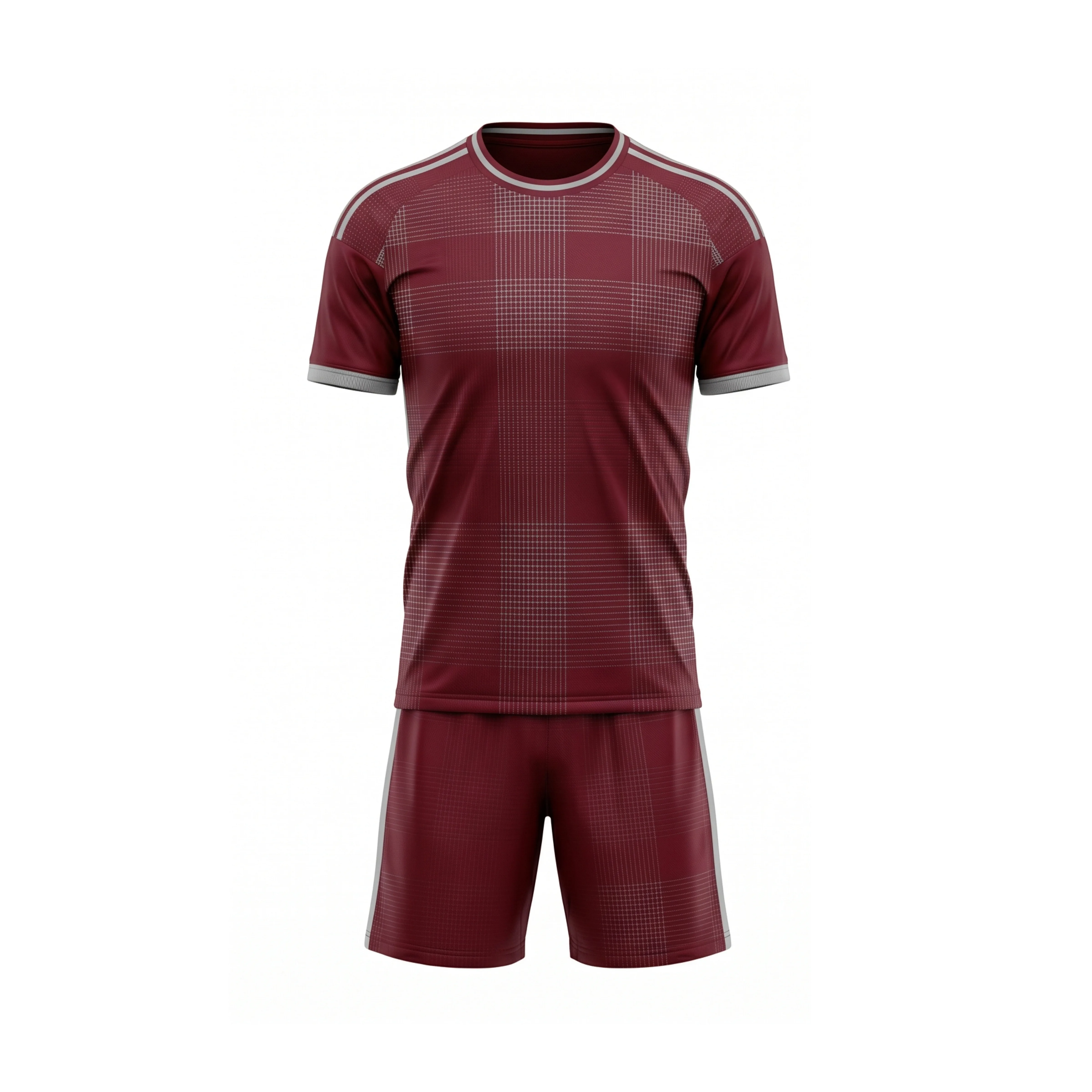 Maroon Plaid Pattern Soccer Jersey & Shorts Set with Grey Trim