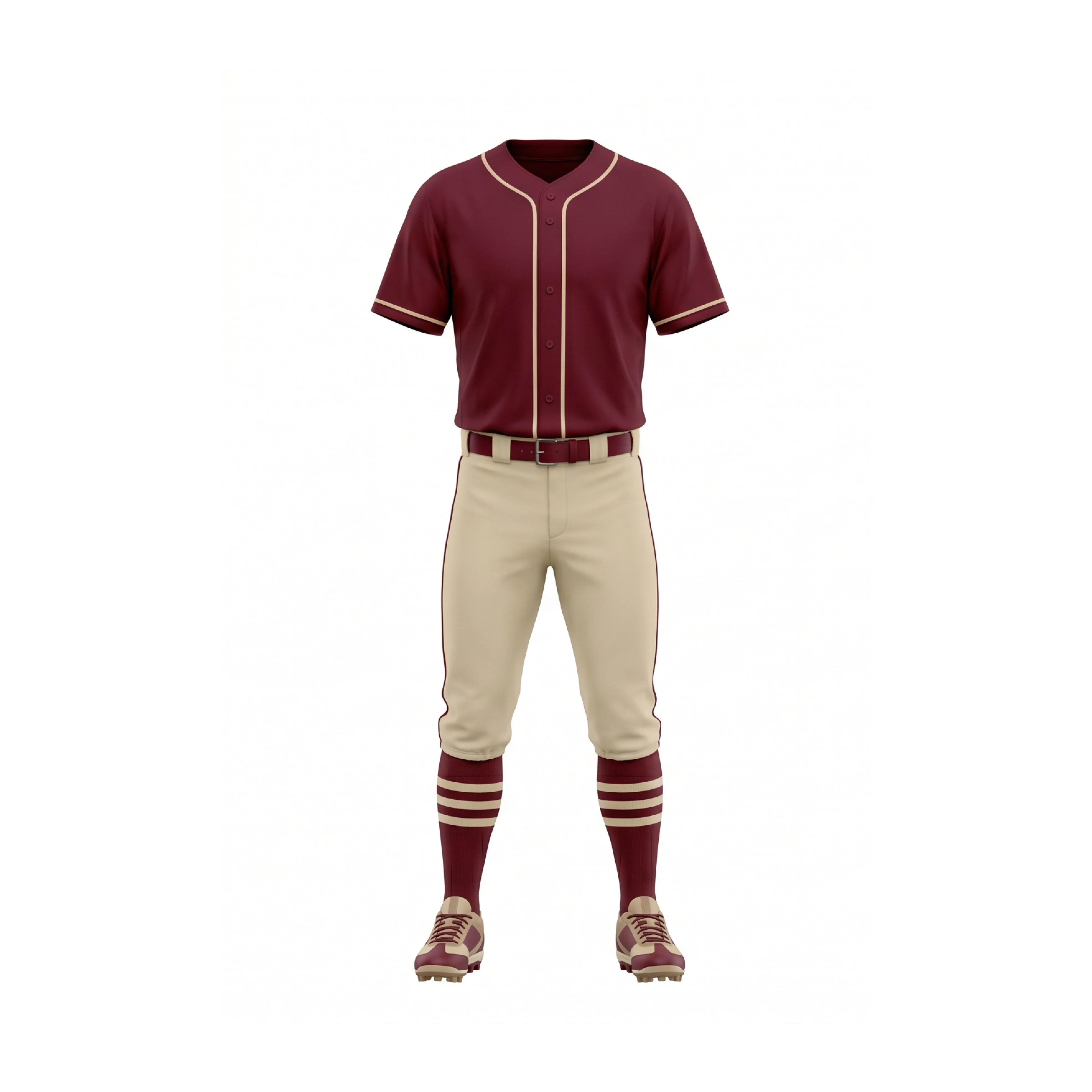 Maroon V-Neck Baseball Uniform with Tan Pants & Striped Socks
