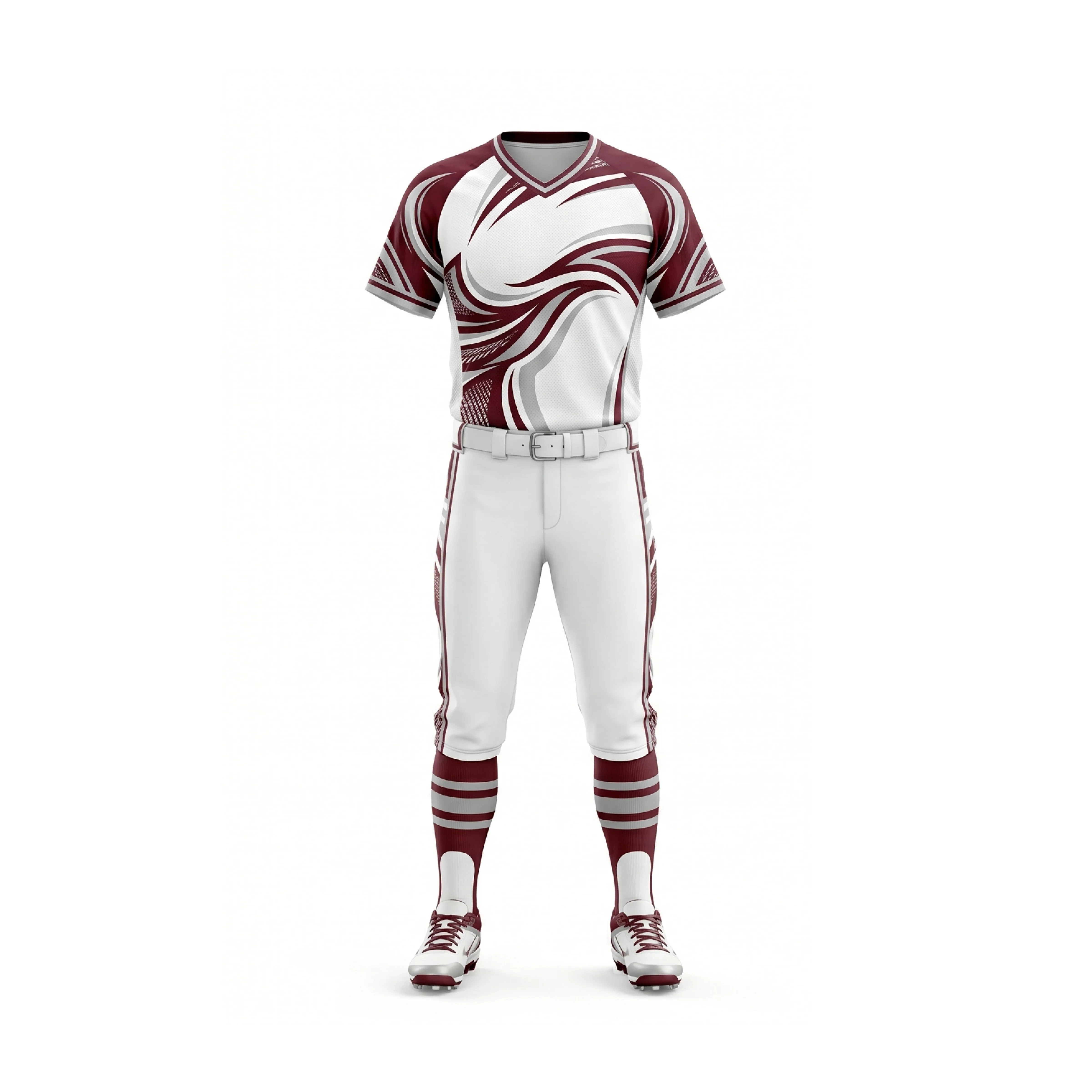 Maroon and White Swirl Softball Uniform Set with Striped Socks