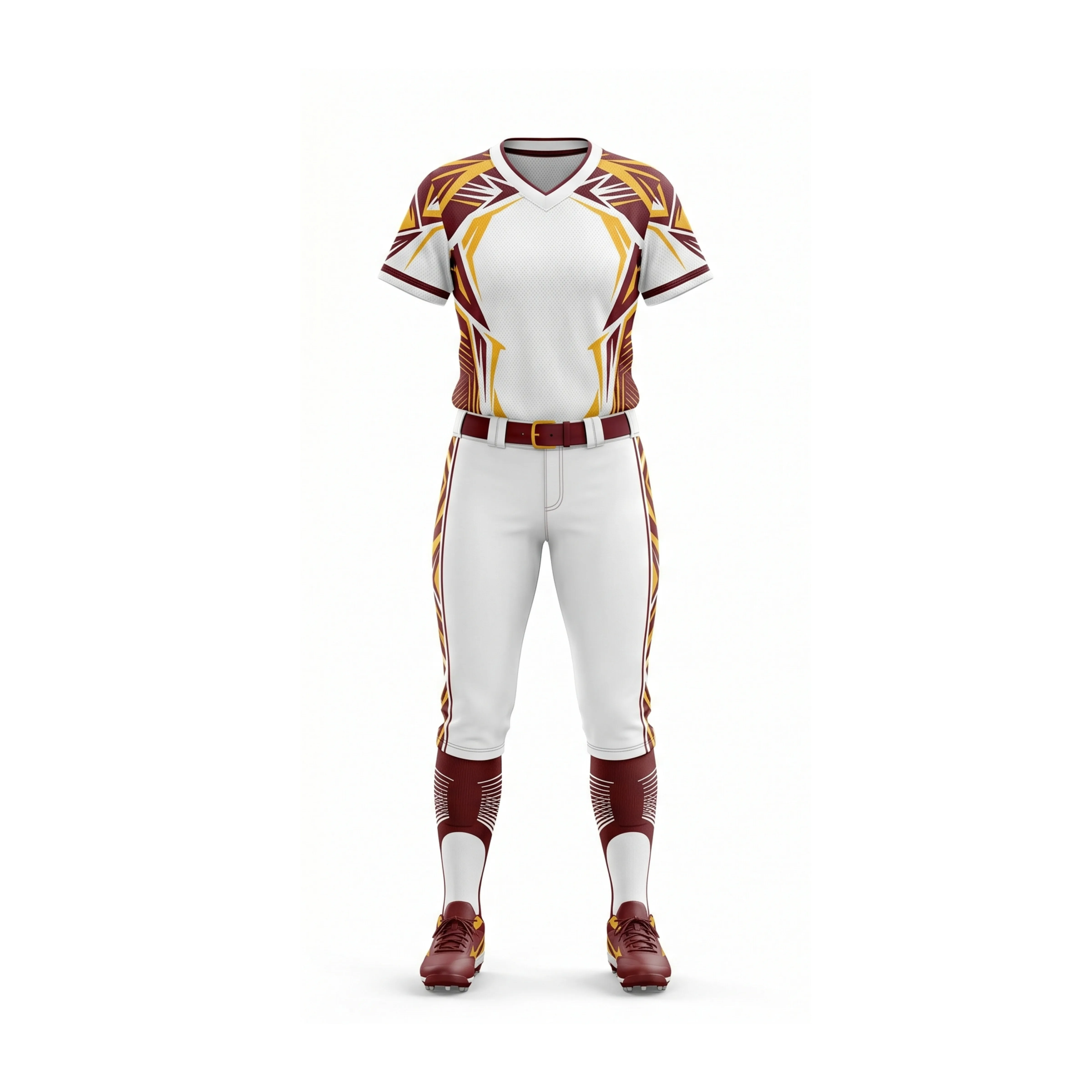 Maroon, Yellow, and White Softball Uniform with Unique Pattern