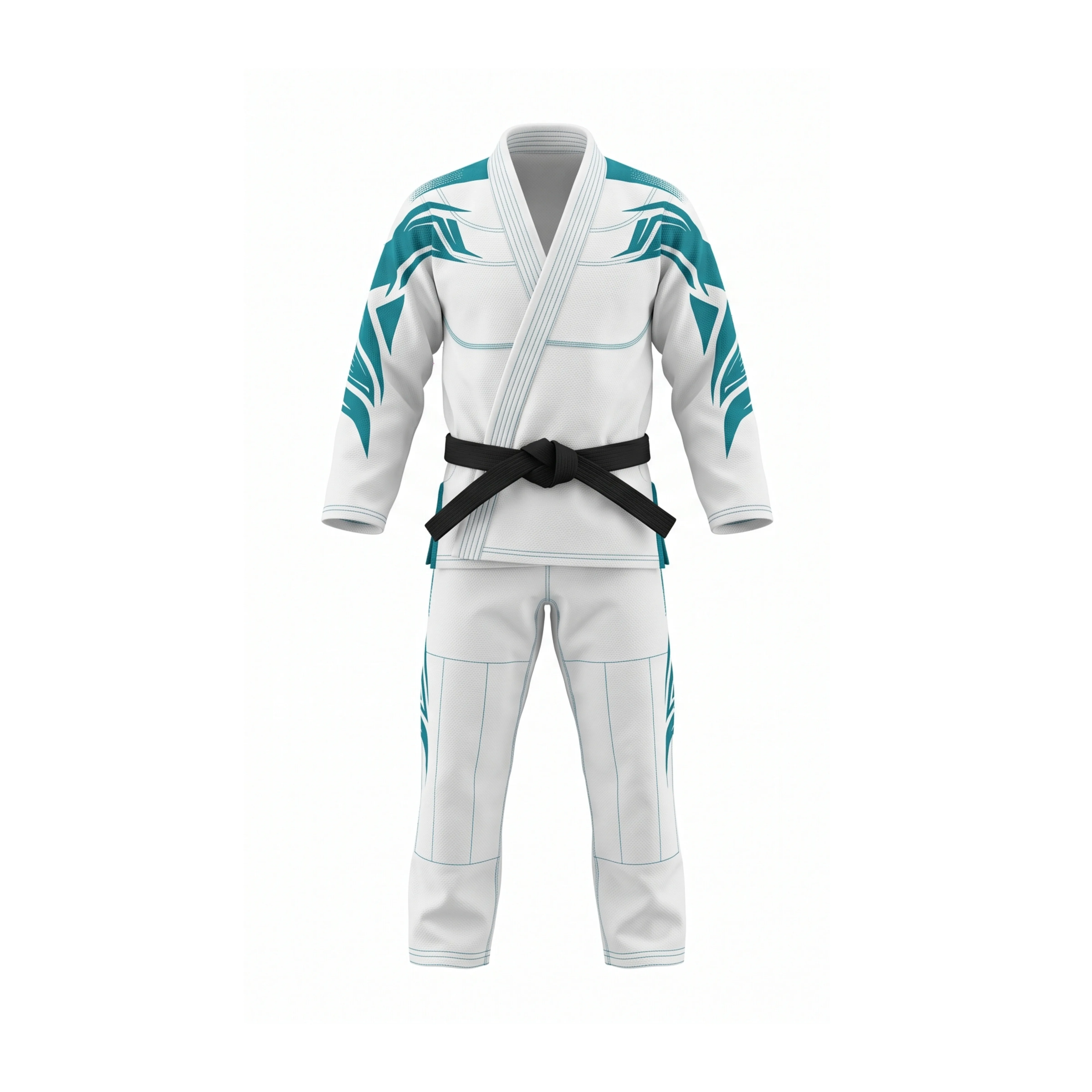 White and Teal Martial Arts Gi with Black Belt, Unique Graphic Design