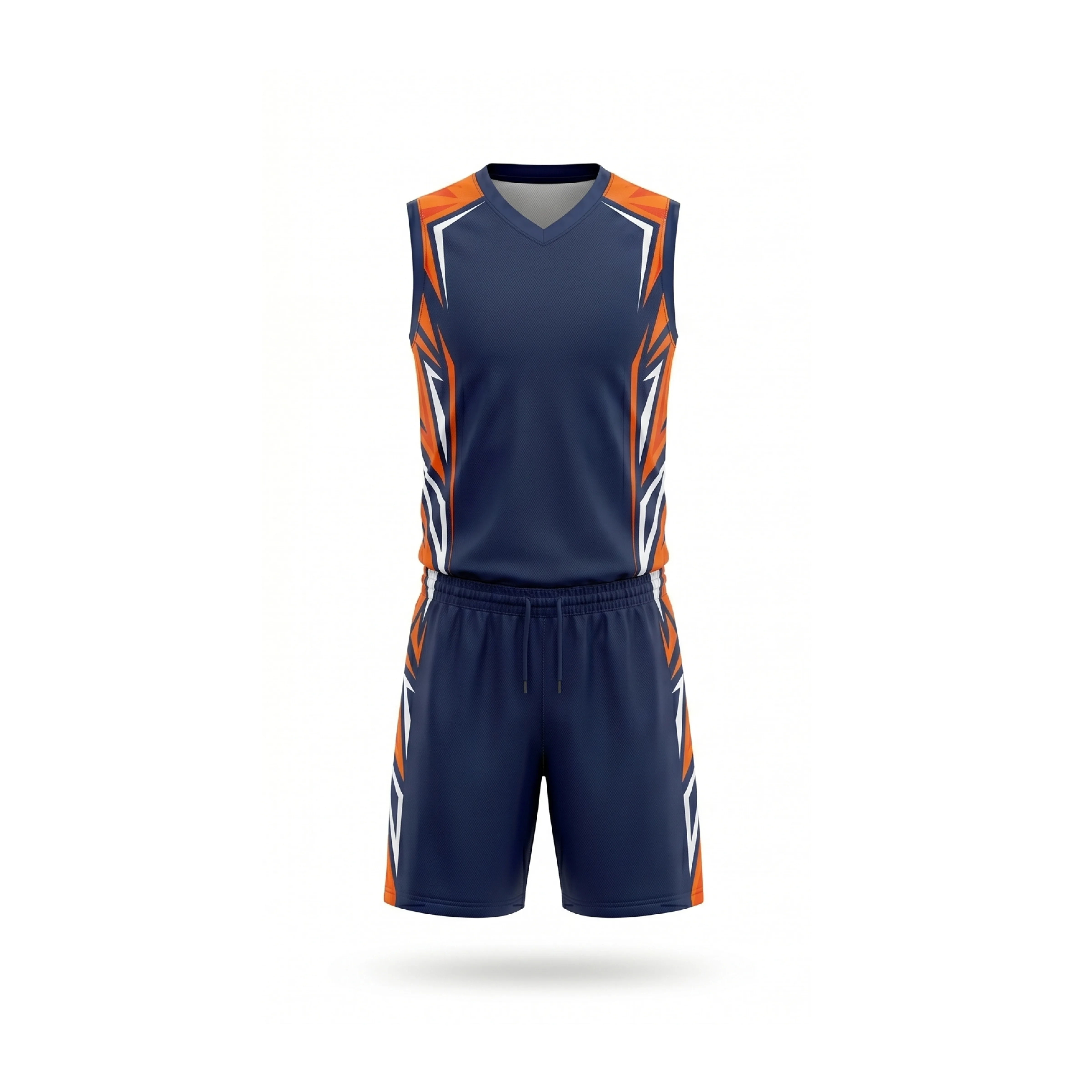 Navy Blue, Orange, and White Volleyball Uniform with Side Stripes