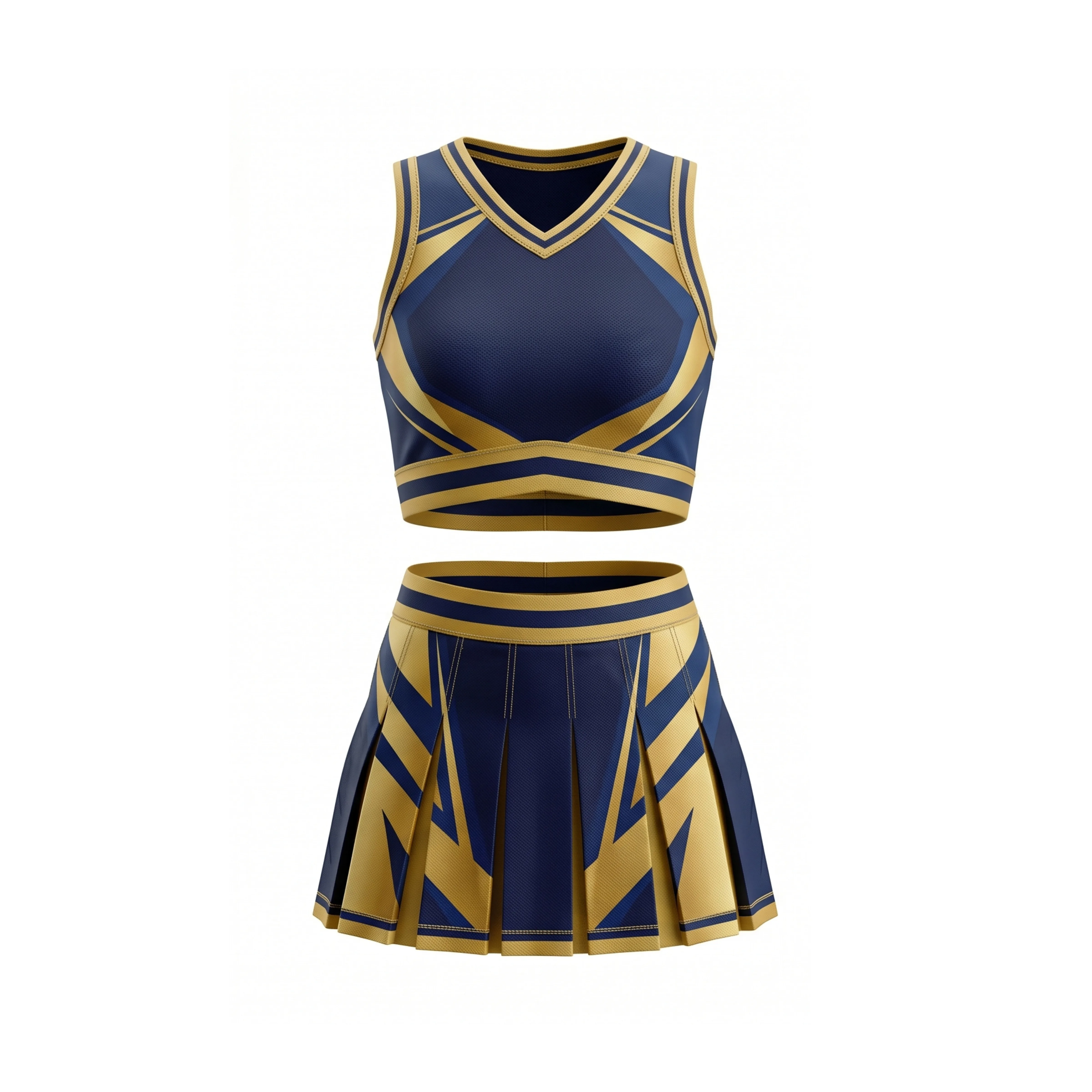 Navy Gold Geometric Cheer Uniform Set - V-Neck Crop Top & Pleated Skirt