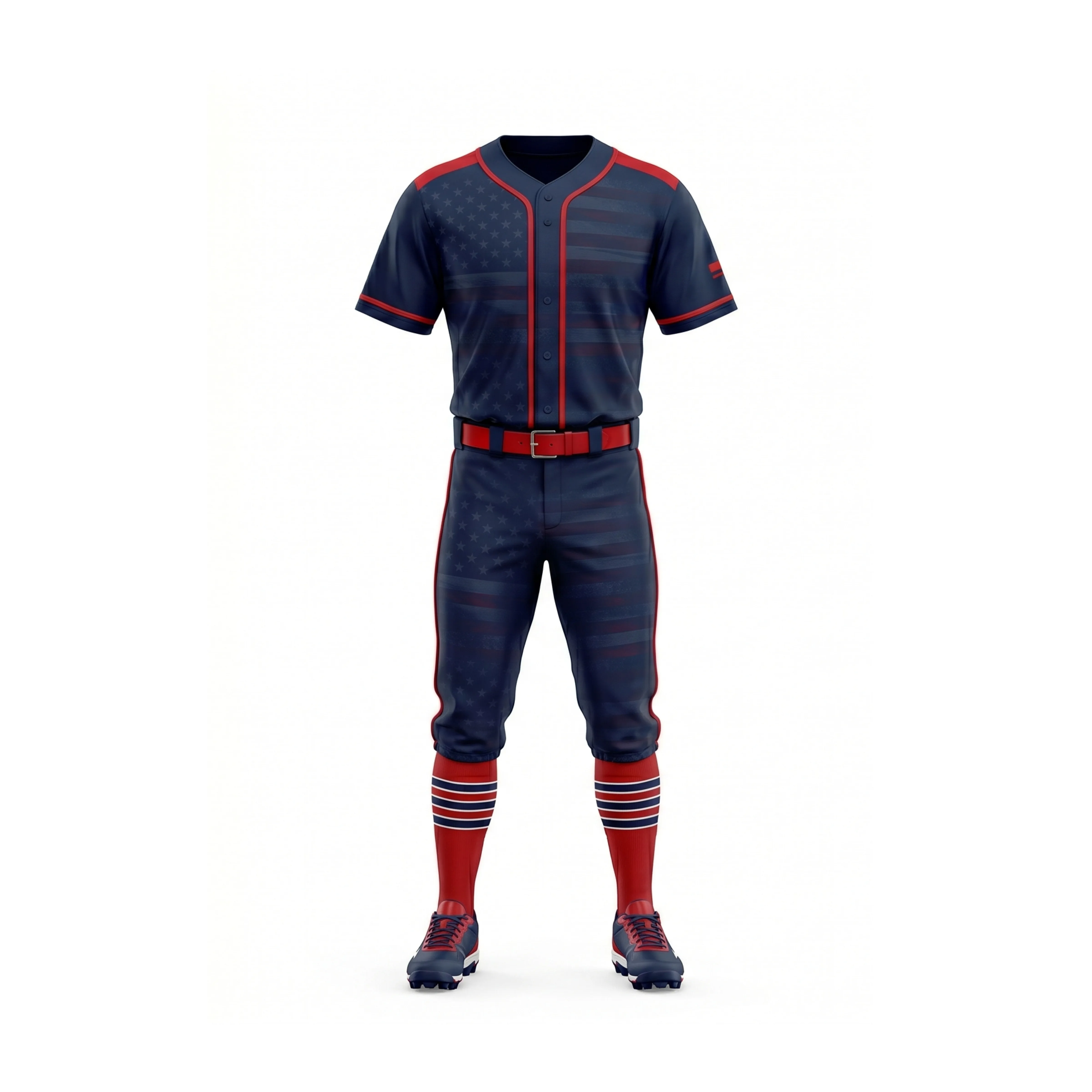 Navy Red American Flag Baseball Uniform Set with V-Neck Jersey