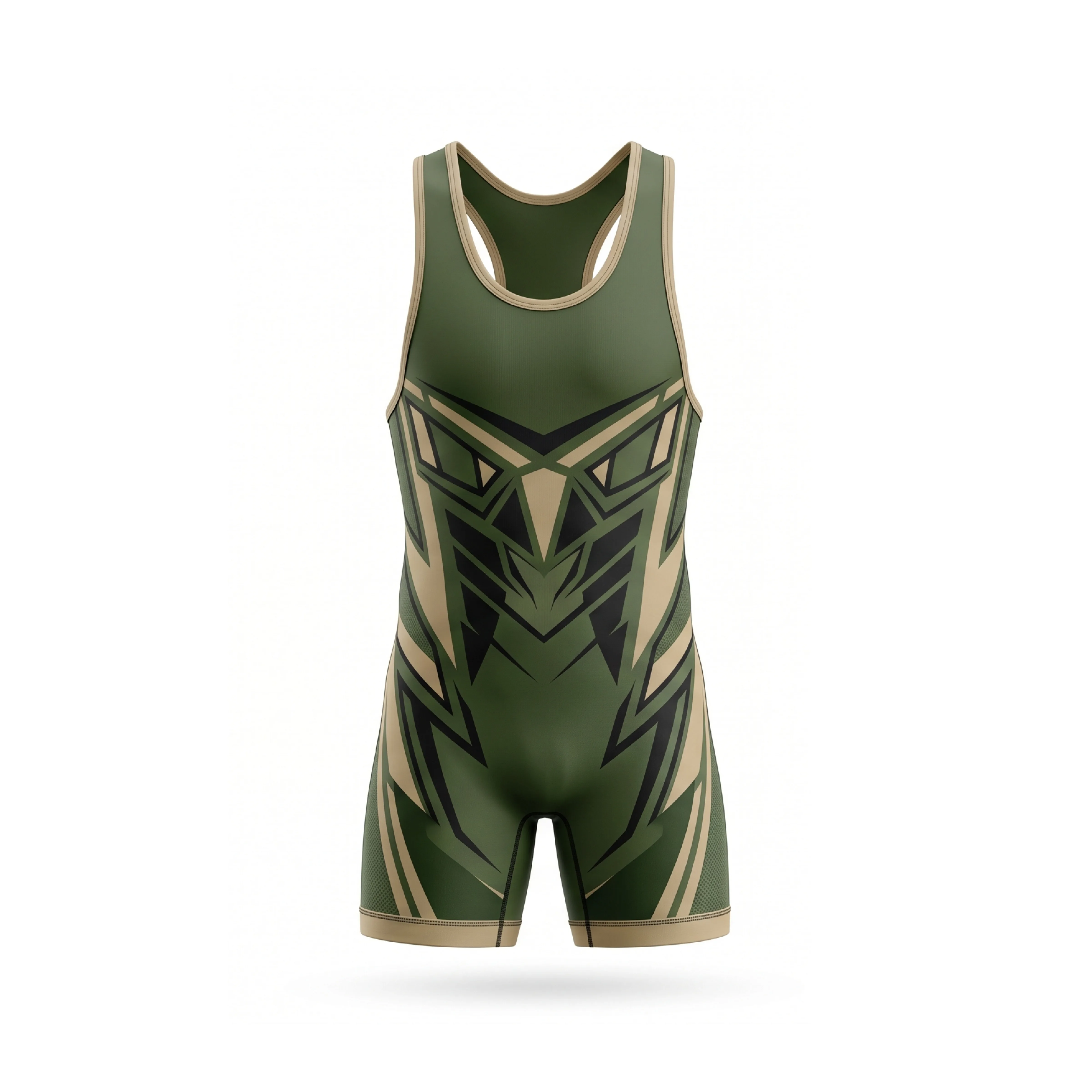 Olive Green & Tan Geometric Pattern Wrestling Singlet