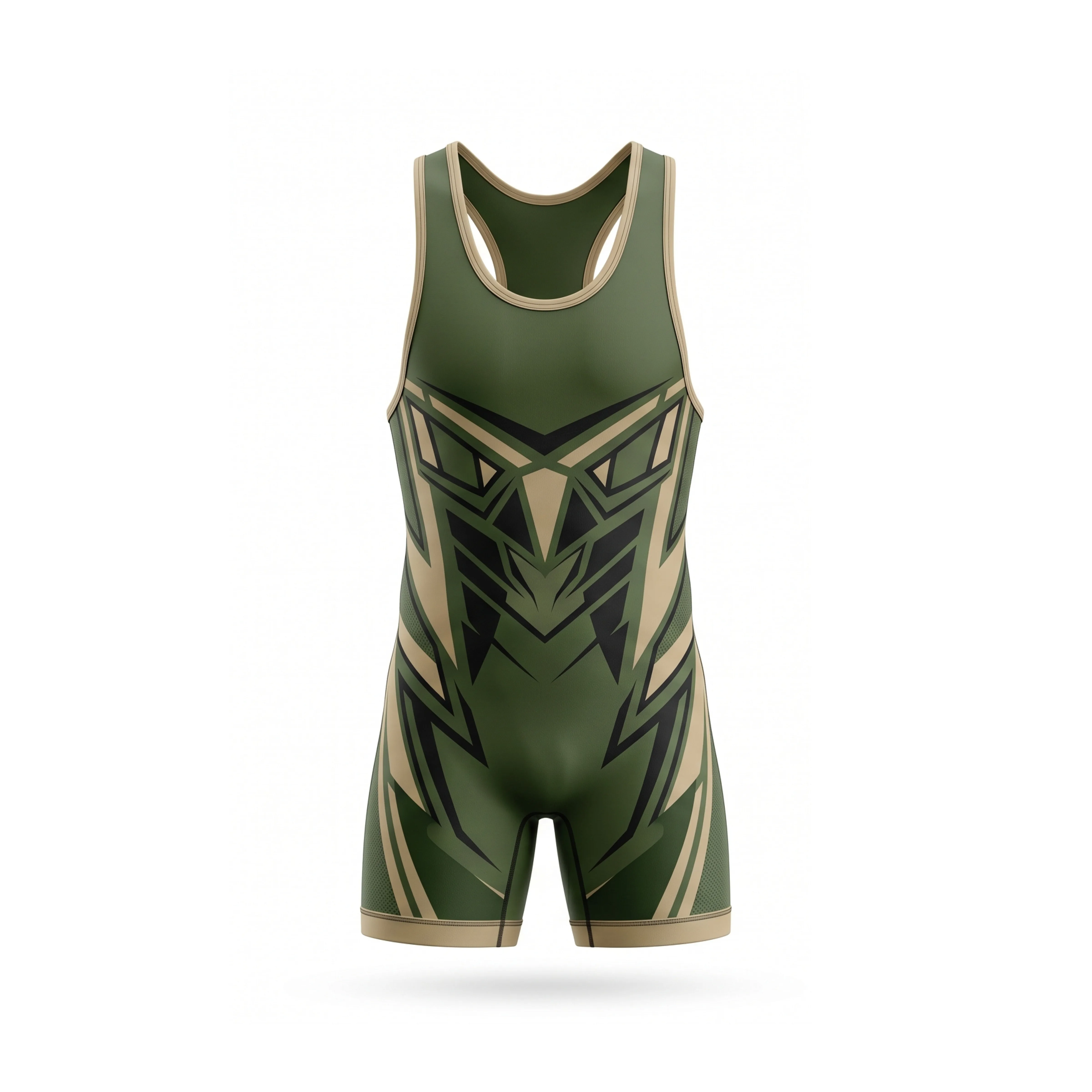 Olive Green and Beige Wrestling Singlet with Unique Geometric Pattern