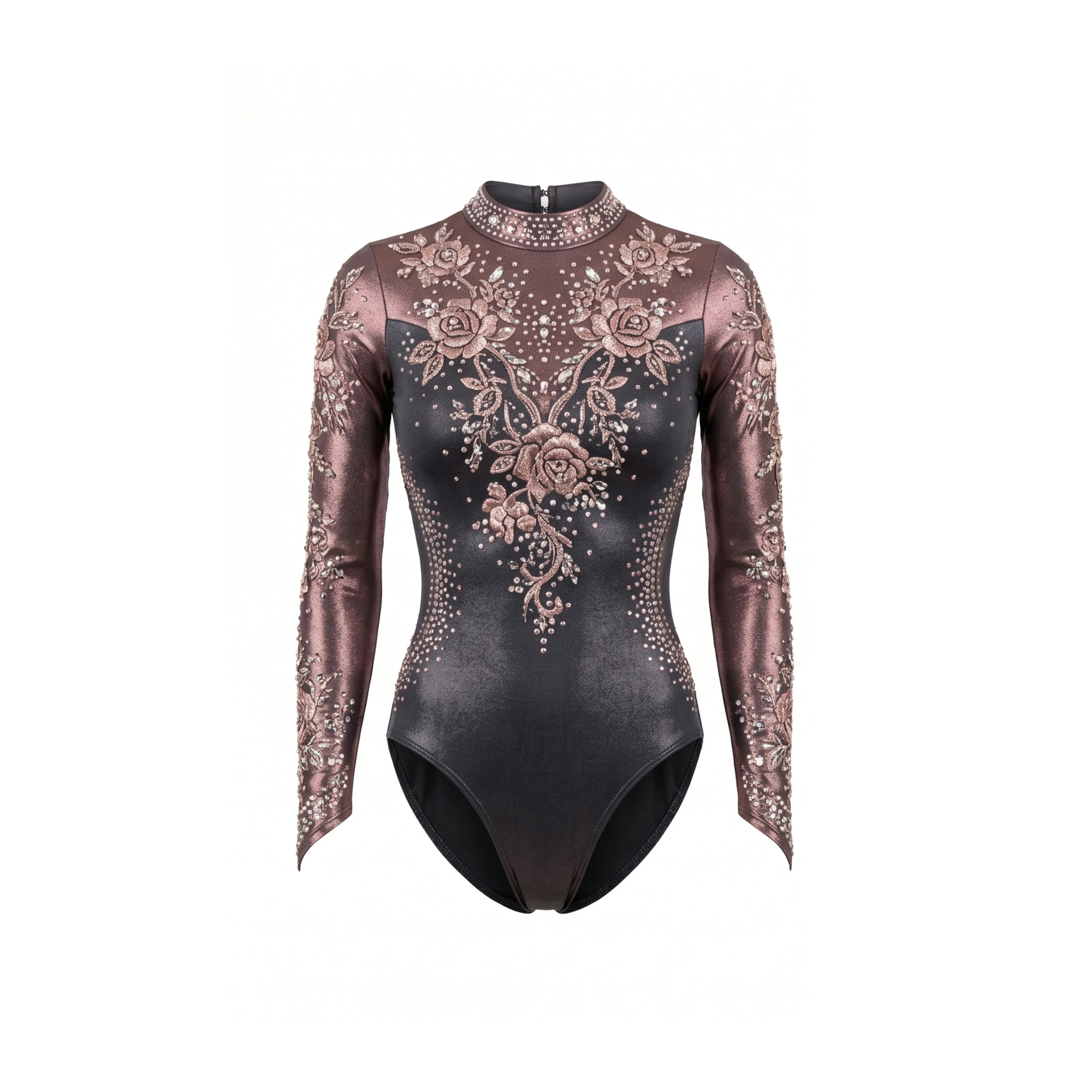 Rose Gold Ombre Long Sleeve Gymnastics Leotard with Floral Bling