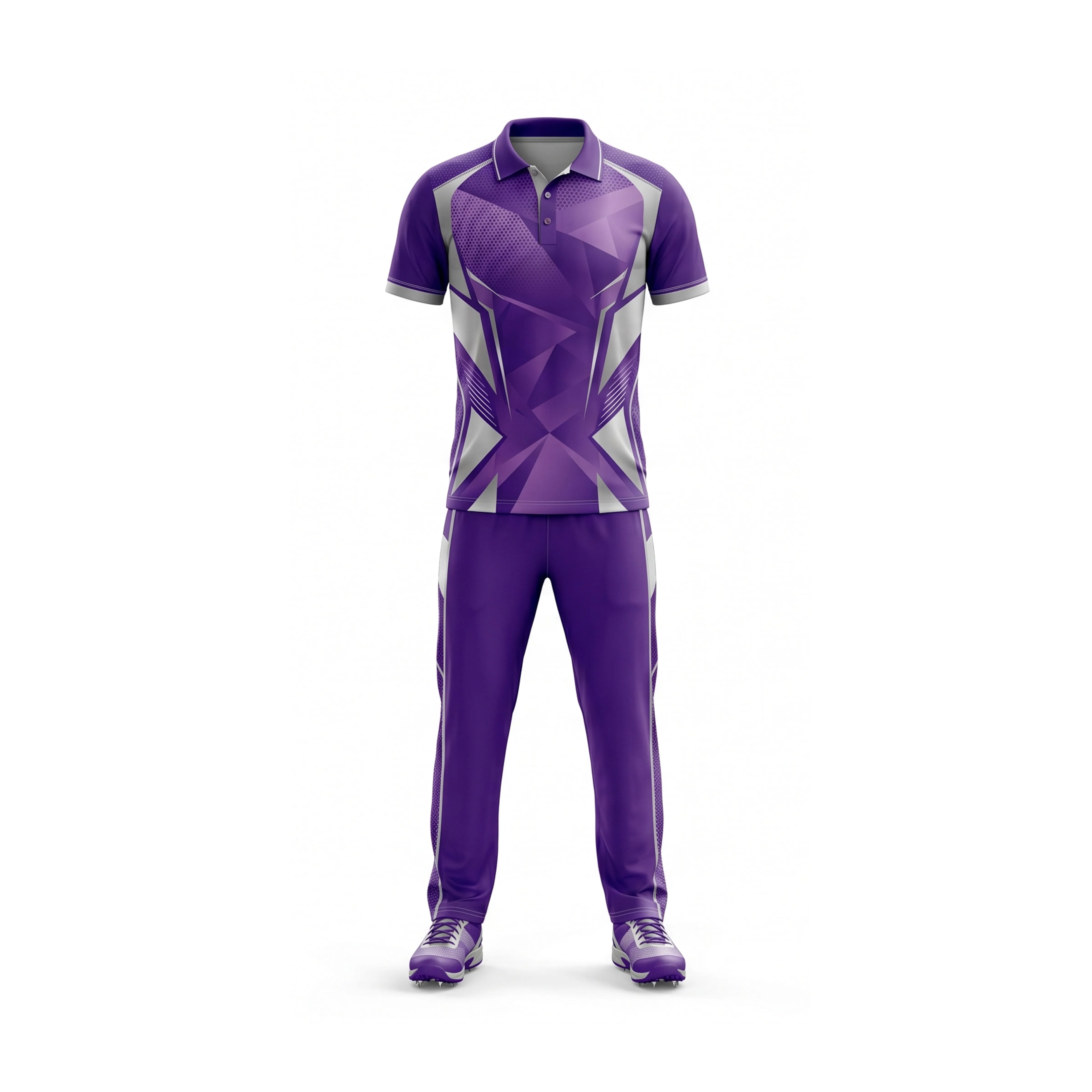 Purple & Grey Geometric Cricket Uniform Set with Trousers