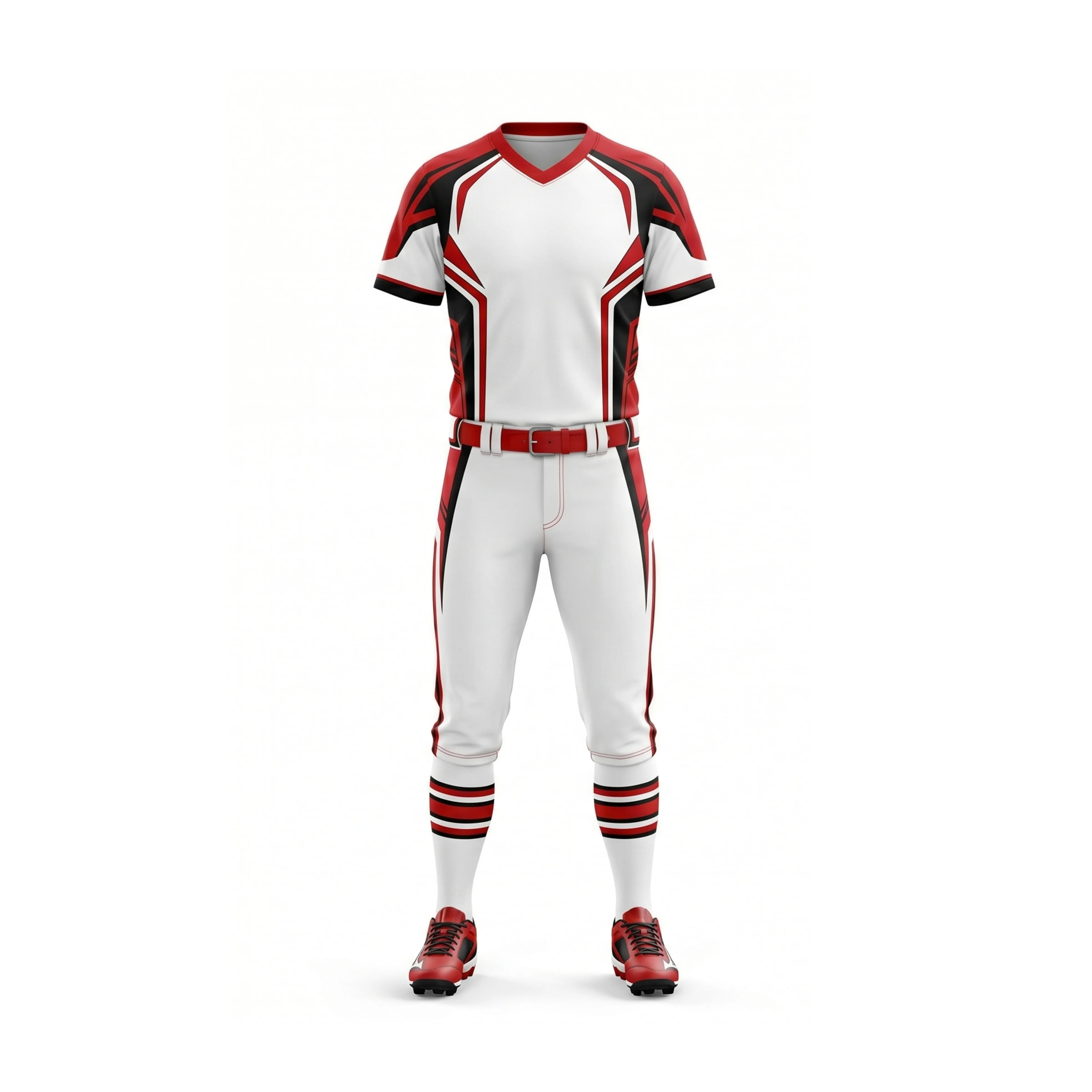 Red Black White Softball Uniform with Striped Accents