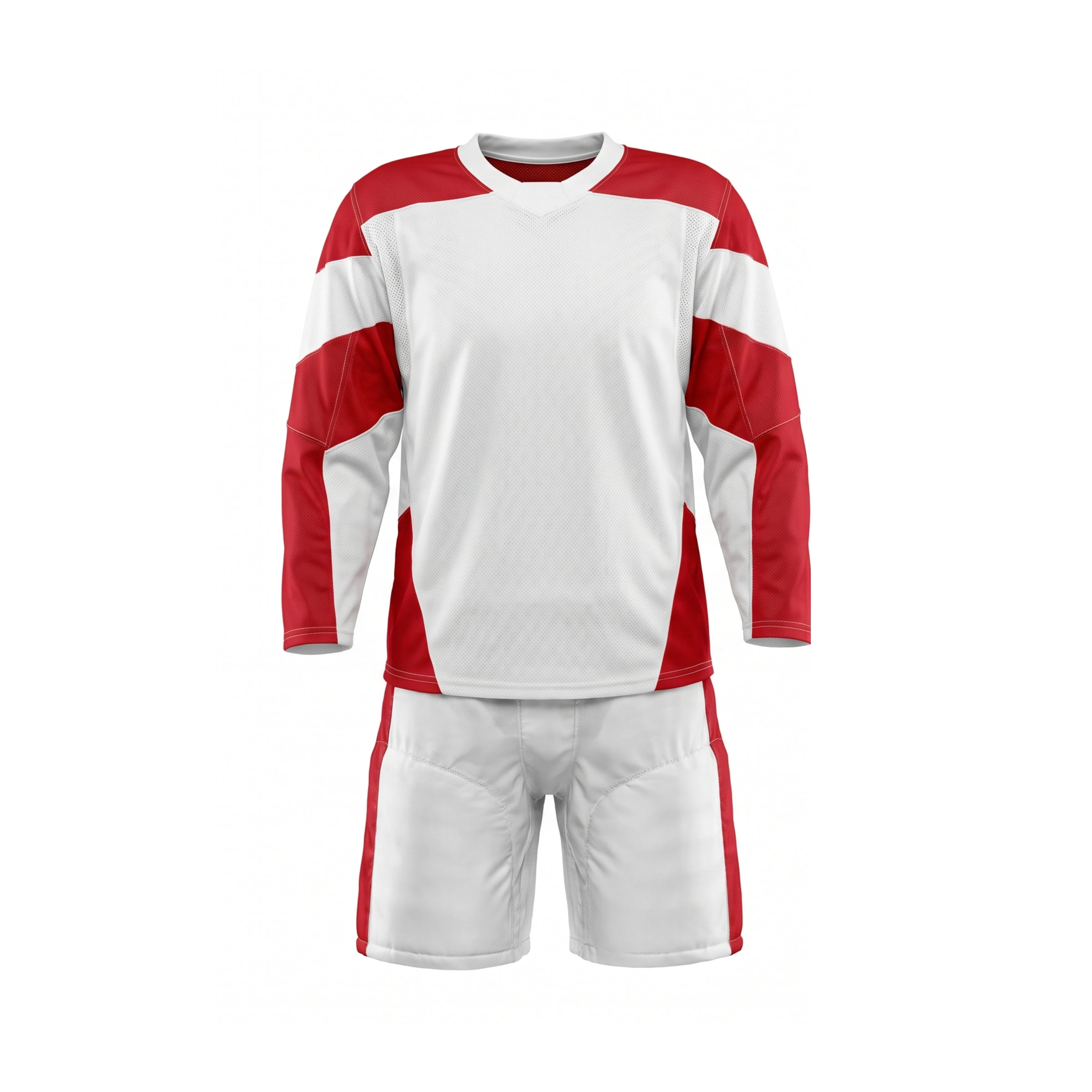Red & White Ice Hockey Jersey and Shorts Set with Striped Sleeves