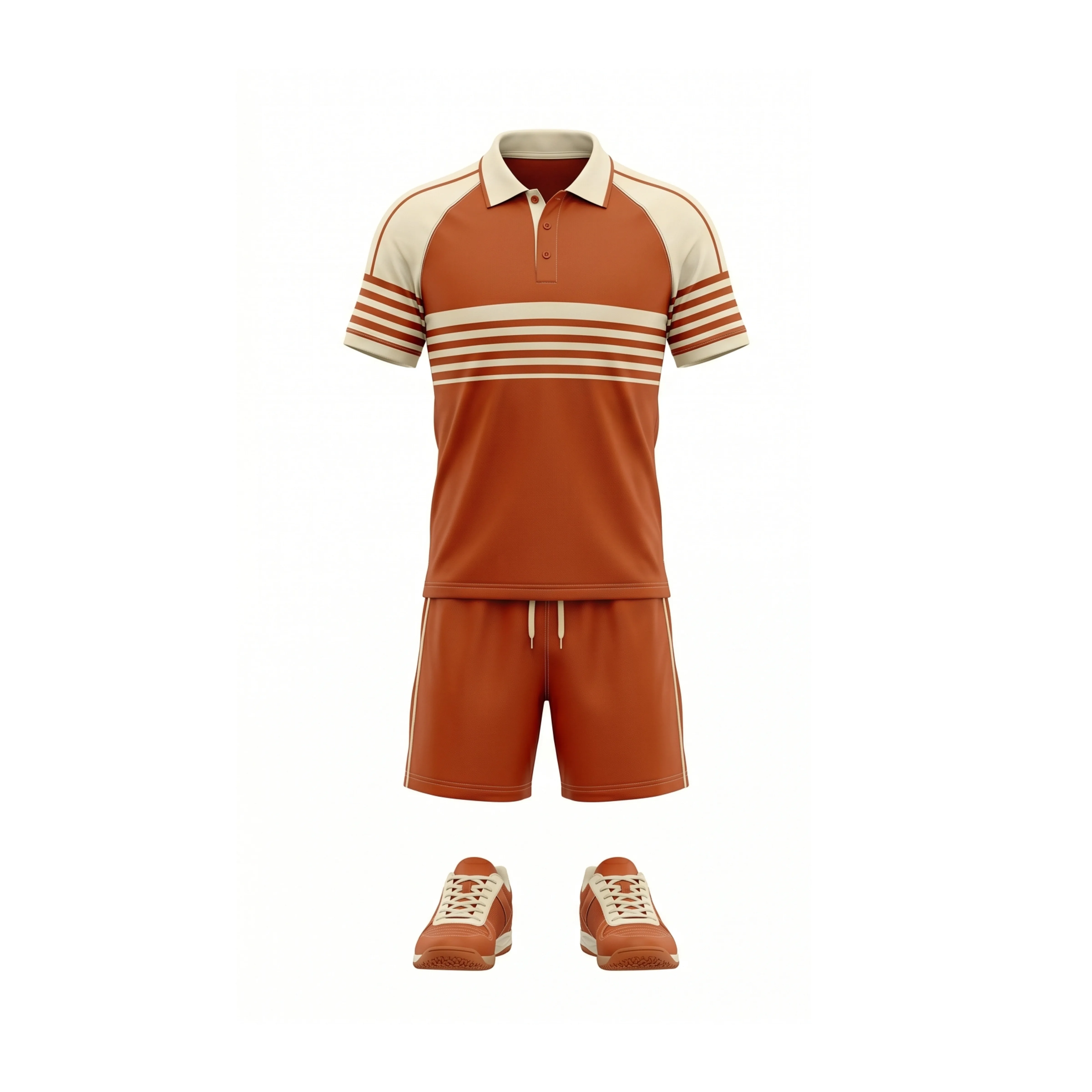 Terracotta & Cream Striped Retro Polo Shirt and Shorts Set