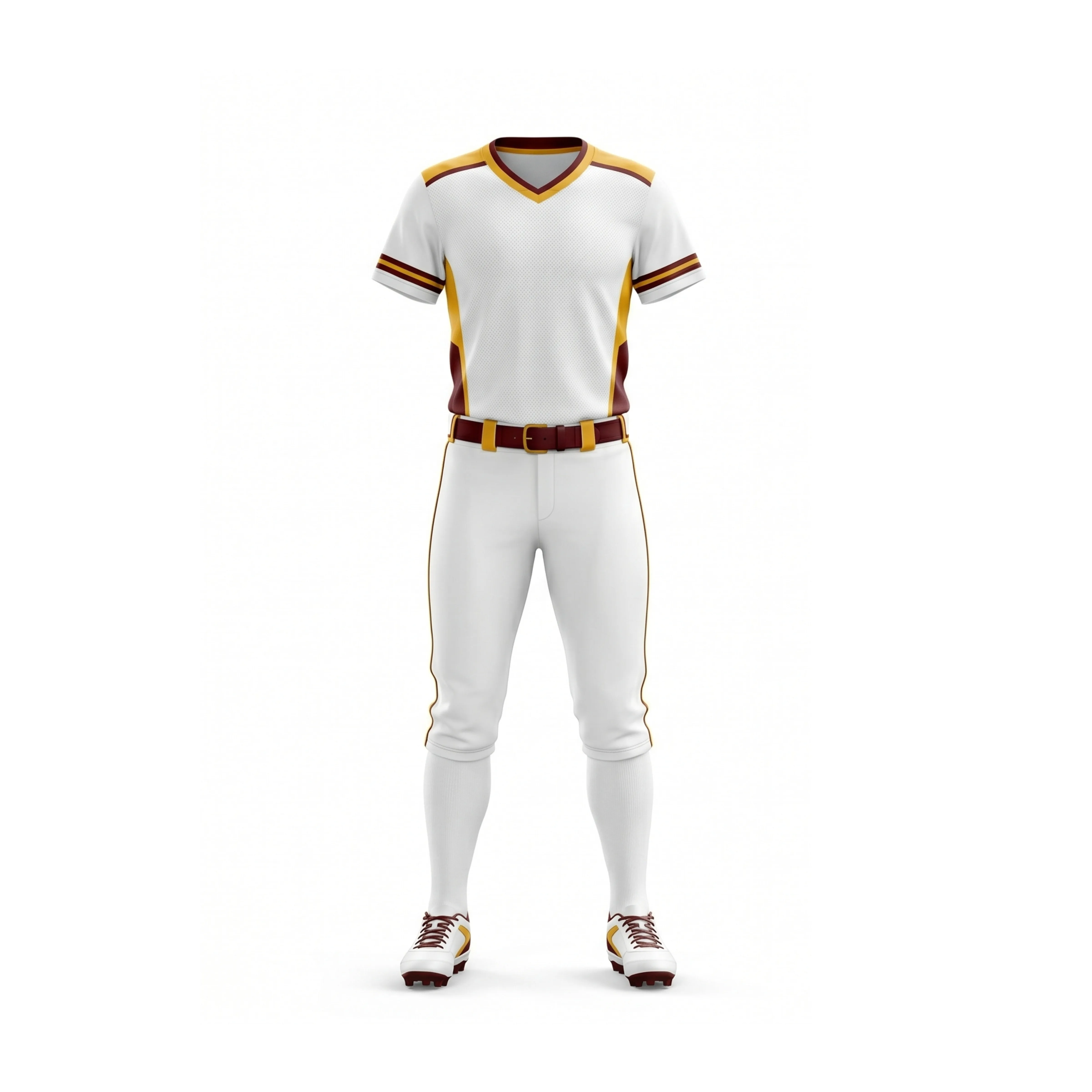 White Softball Uniform with Maroon and Gold Accents