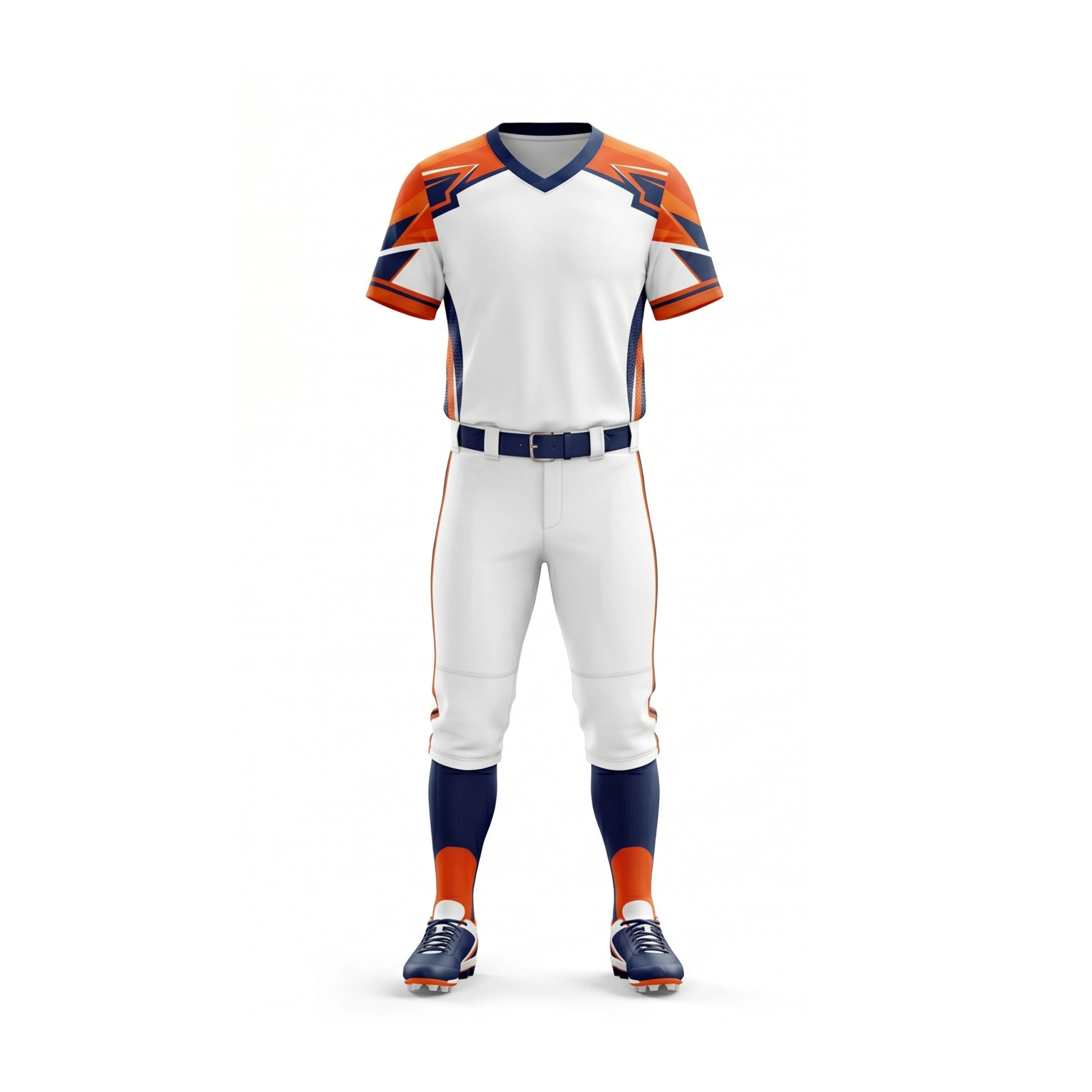 White, Navy & Orange Softball Uniform with Contrasting Sleeves