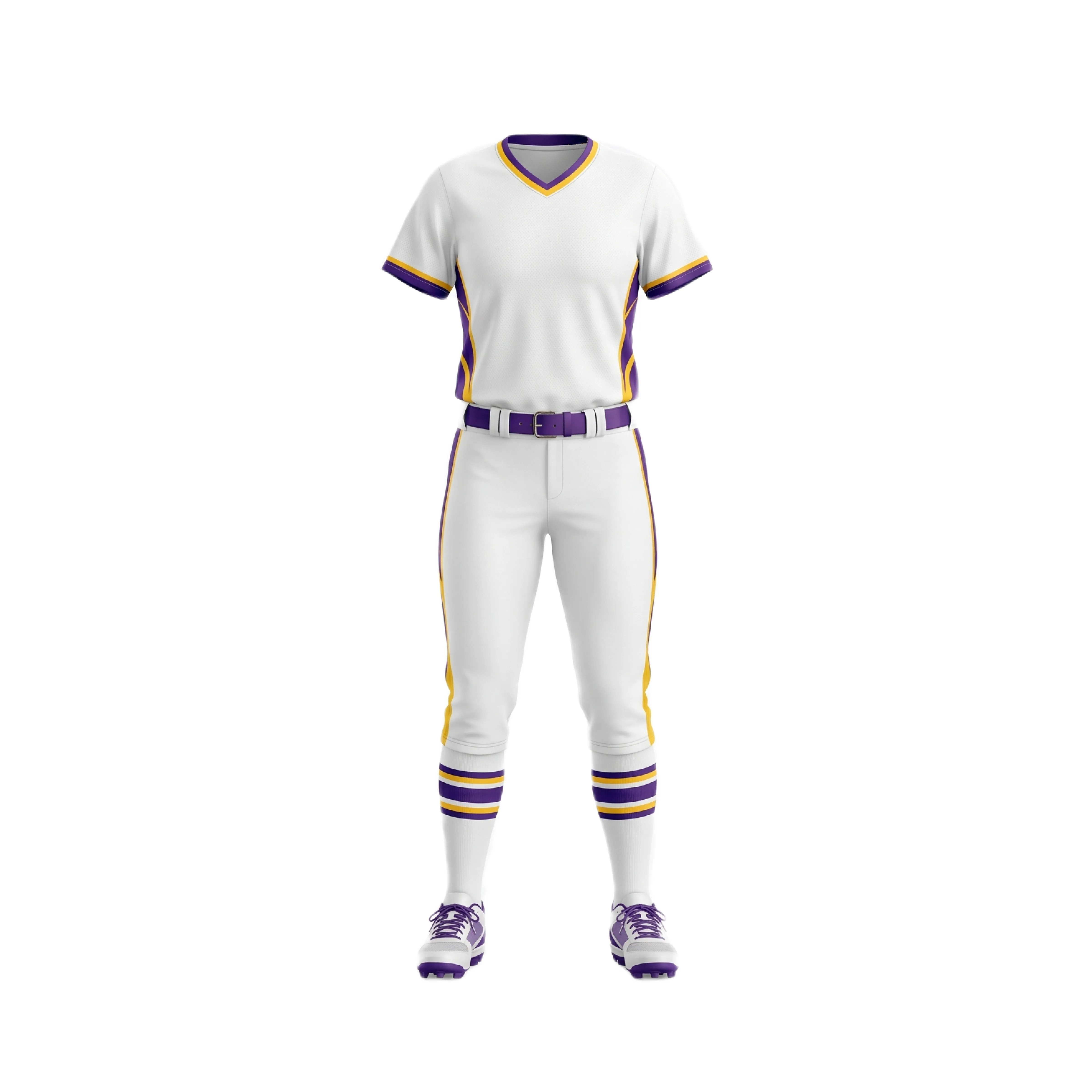 White Softball Uniform with Purple and Yellow Accents
