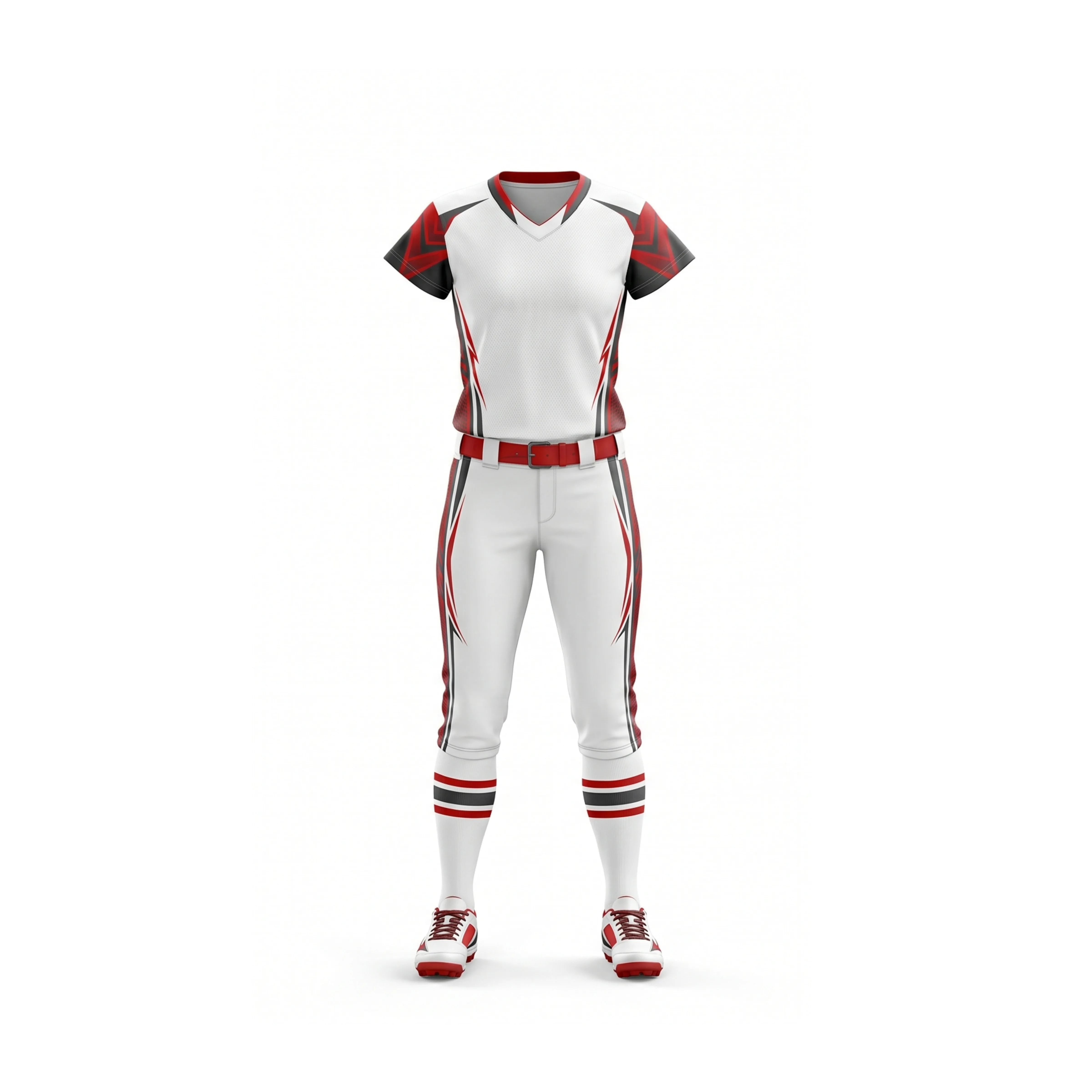 White Red Black Softball Uniform with Striped Accents