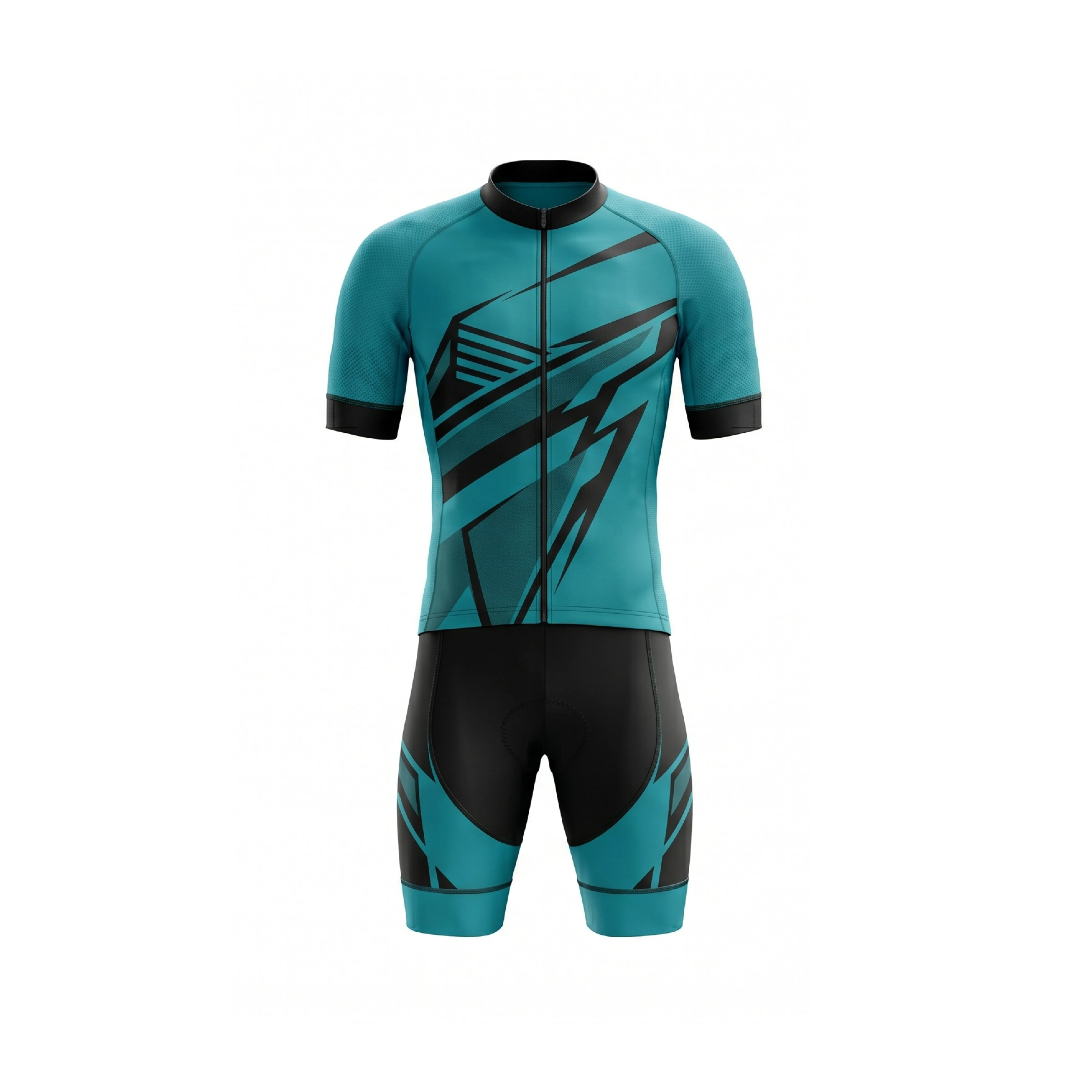 Teal & Black Geometric Pattern Cycling Jersey & Shorts Set