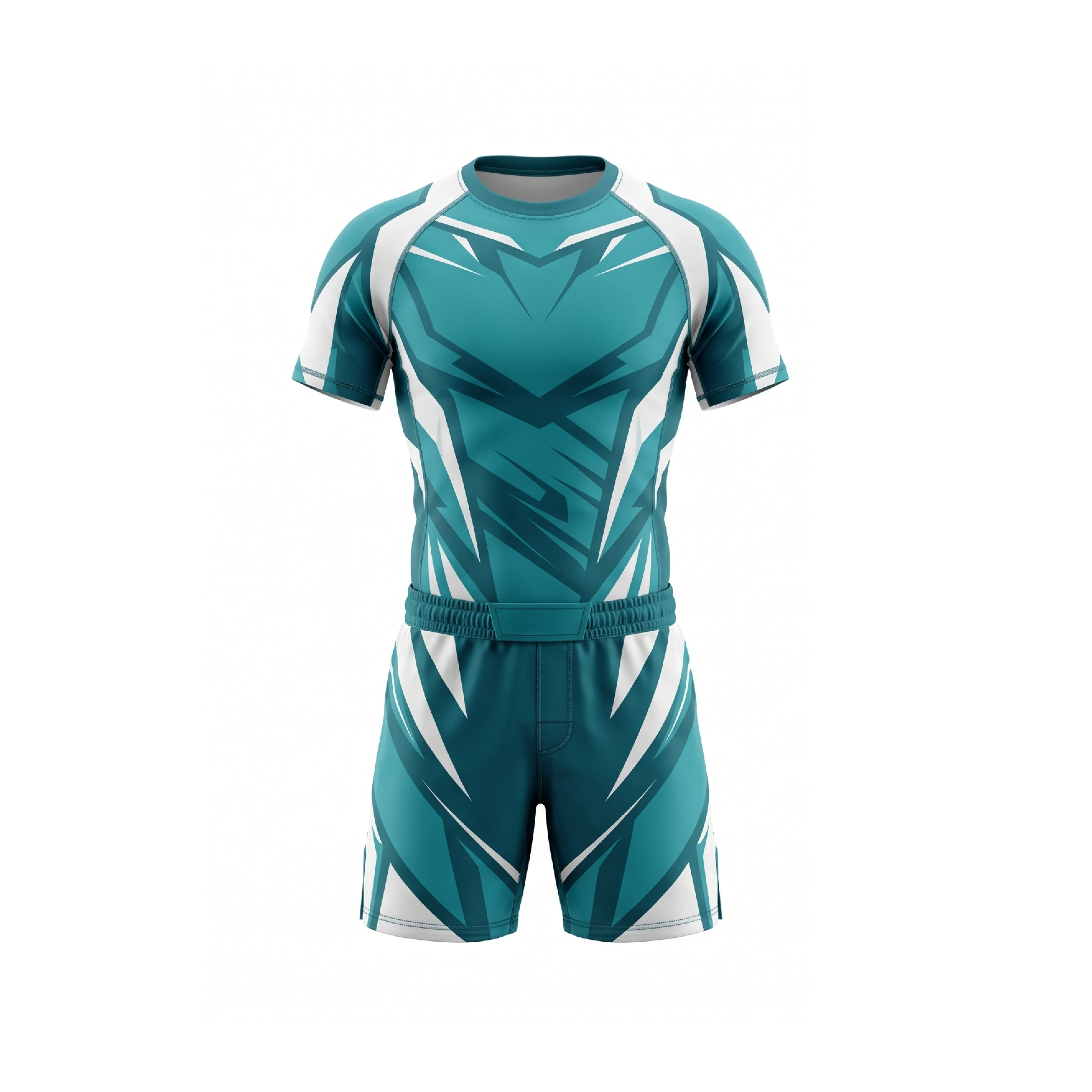 Teal & White Geometric MMA Fight Shorts & Rash Guard Set