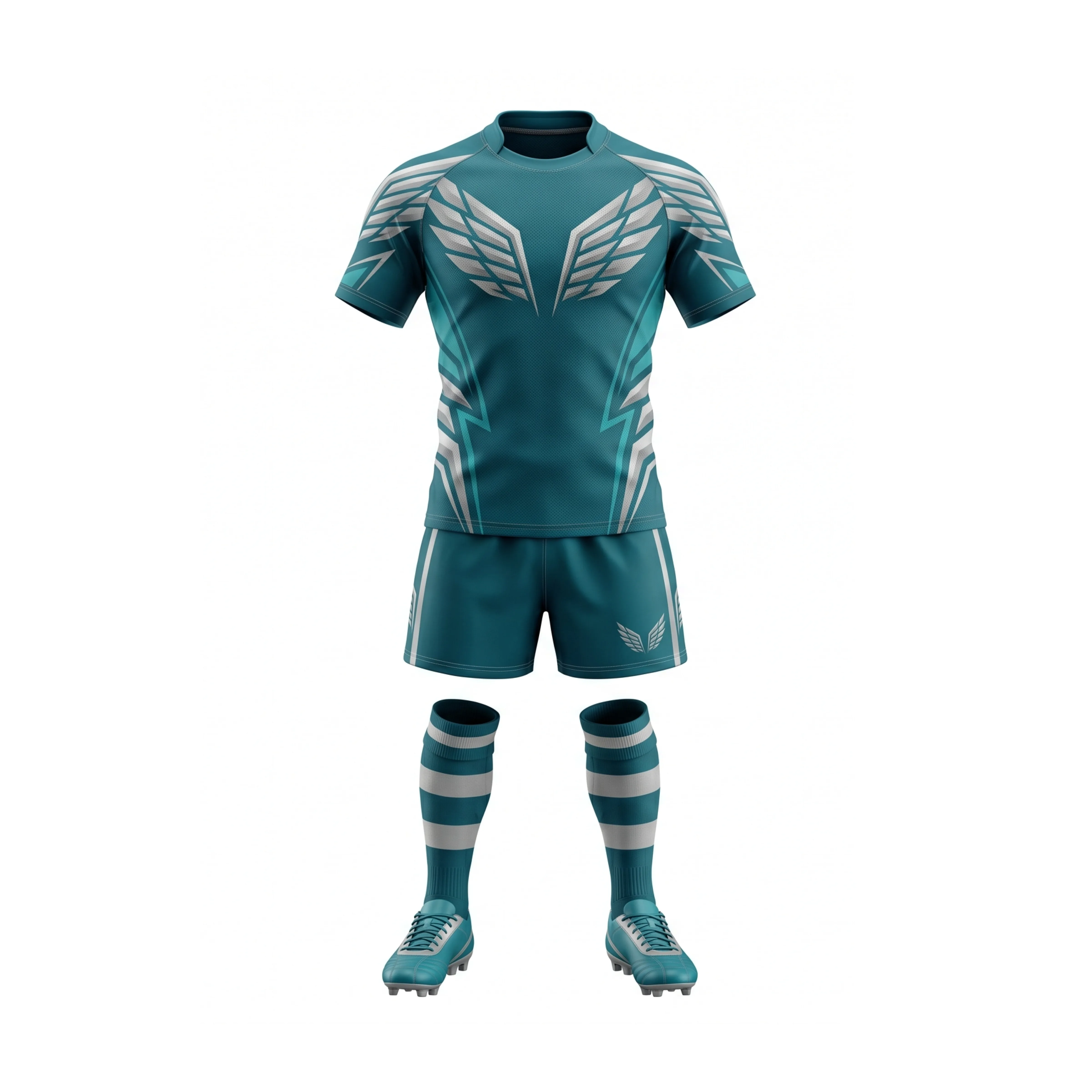 Teal Rugby Uniform with White Accents and Wing Design