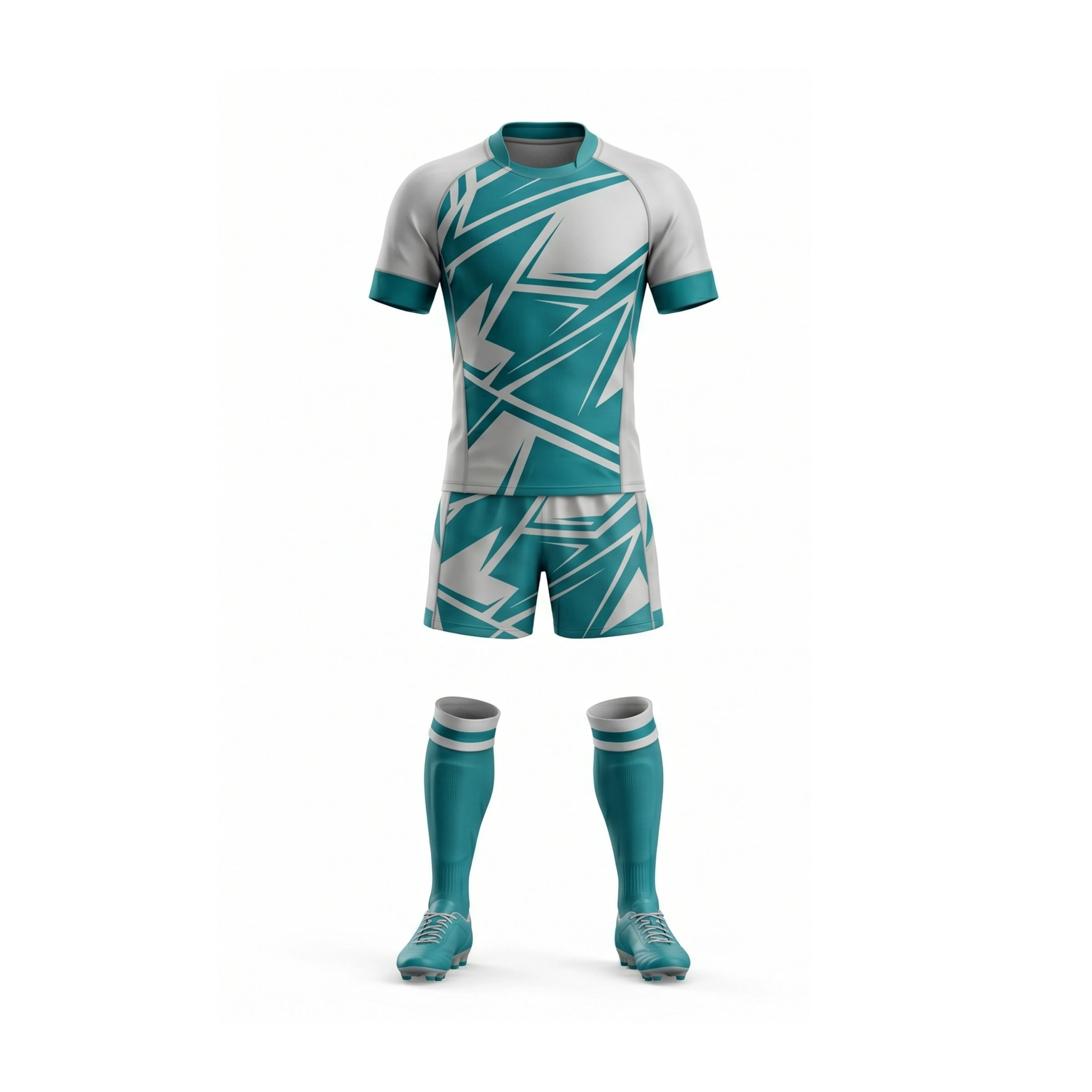 Teal White Geometric Rugby Jersey Shorts Socks & Cleats Set