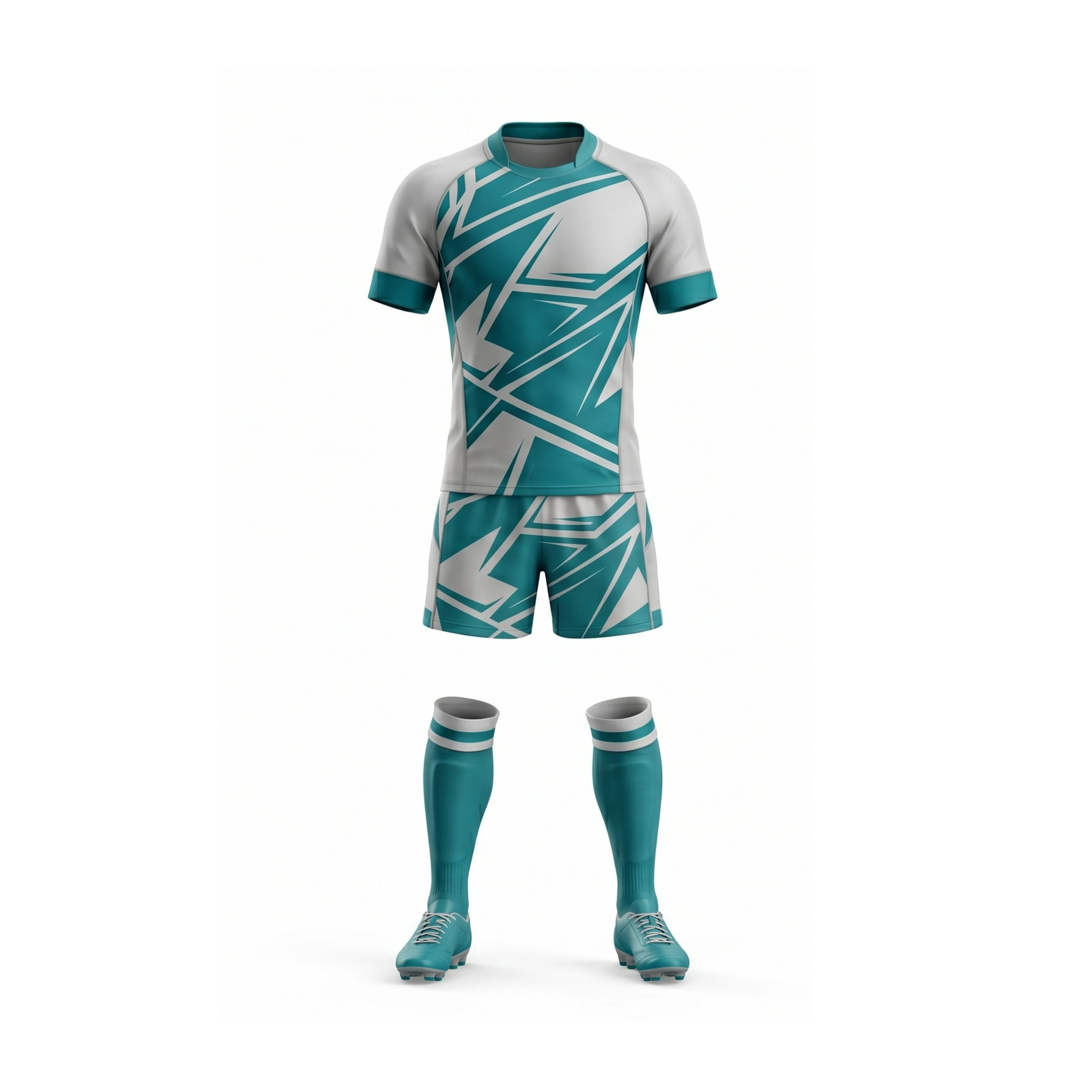 Teal & White Geometric Pattern Rugby Jersey and Shorts Set