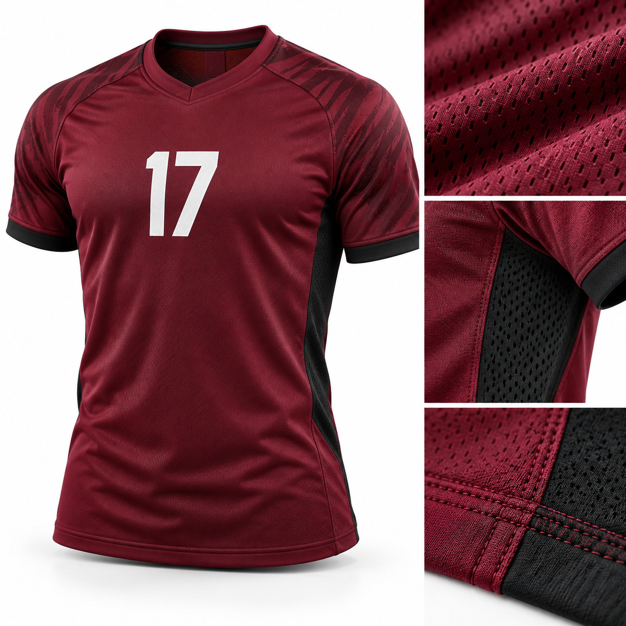 Performance soccer jersey fabric ventilation and seam details