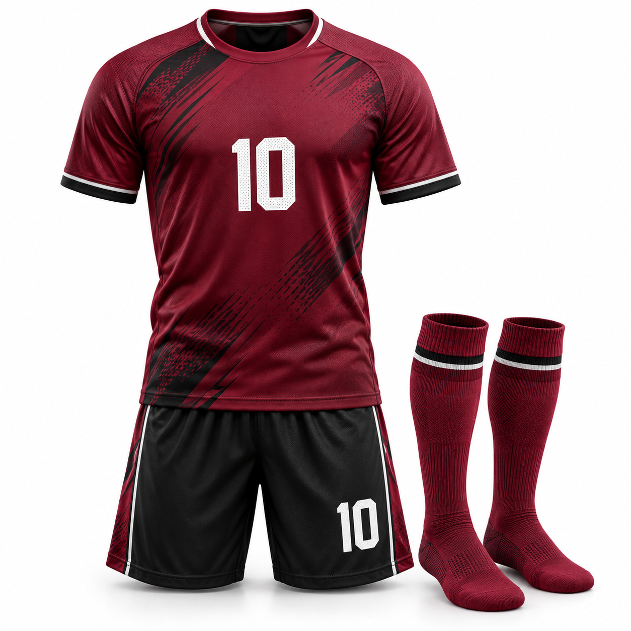 Complete custom team football kit with printed jersey shorts and socks