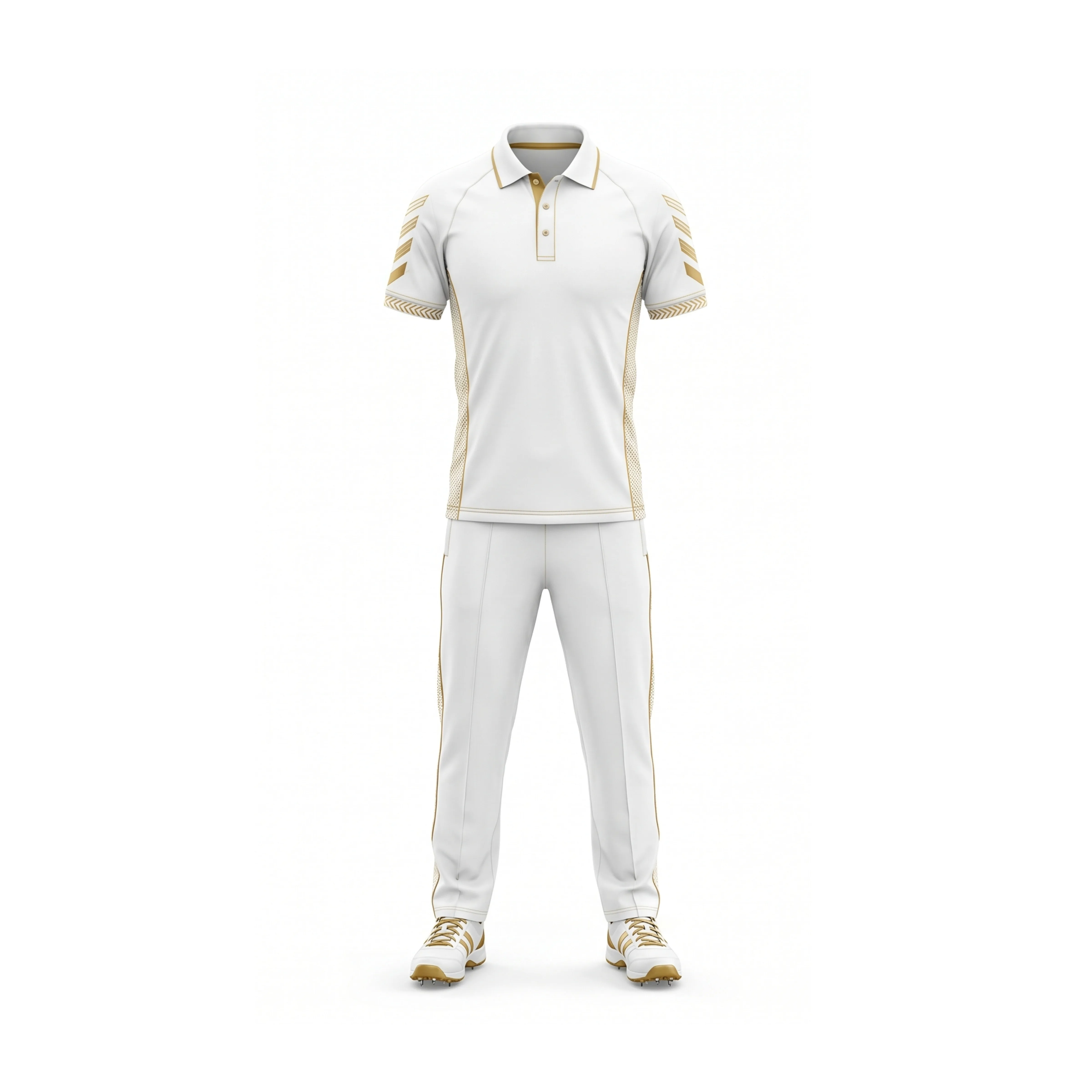White & Gold Cricket Polo Shirt and Pants Set with Stripe Detail