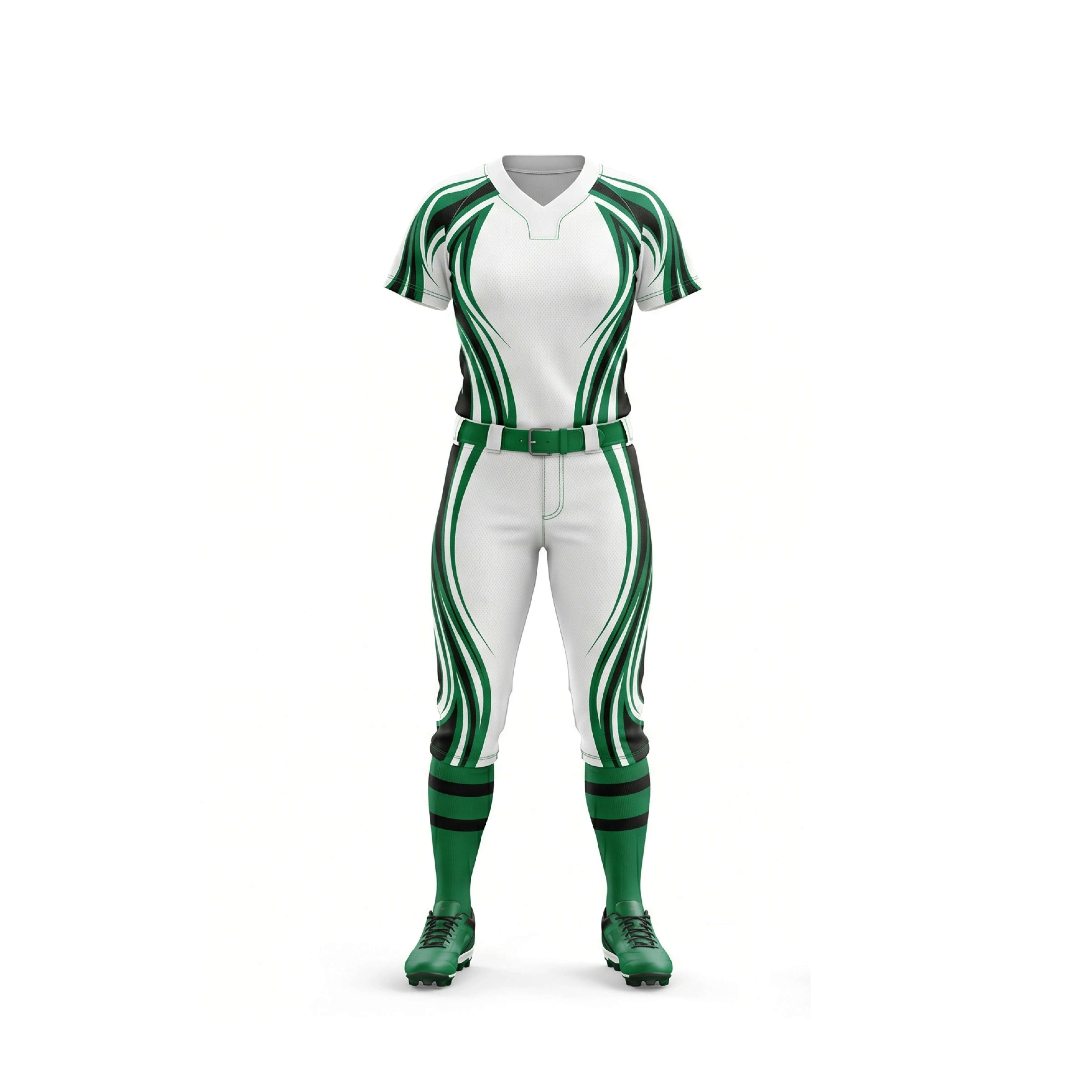 White and Green Stripe Softball Uniform with Belt