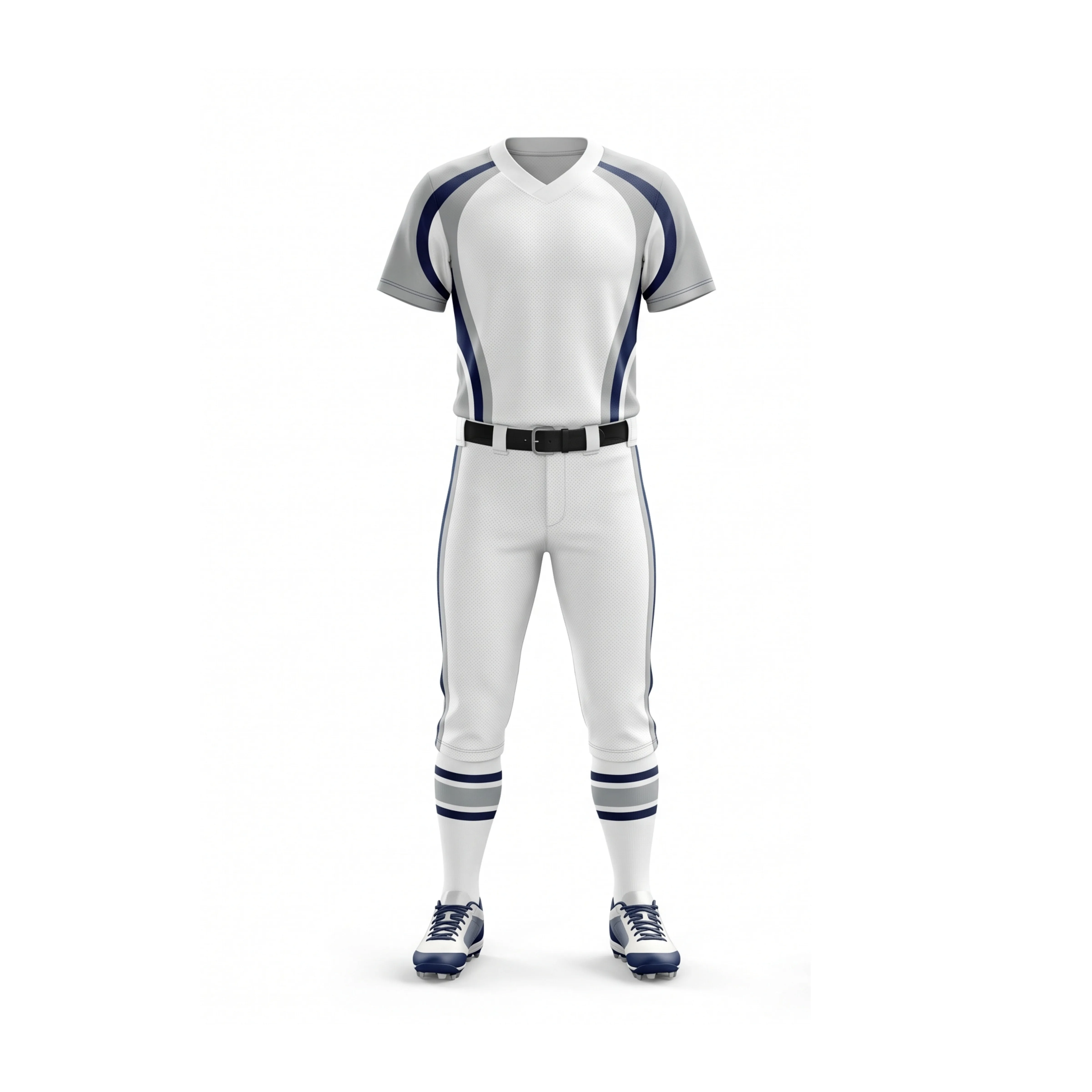 White & Grey Softball Jersey with Navy Accents & White Pants