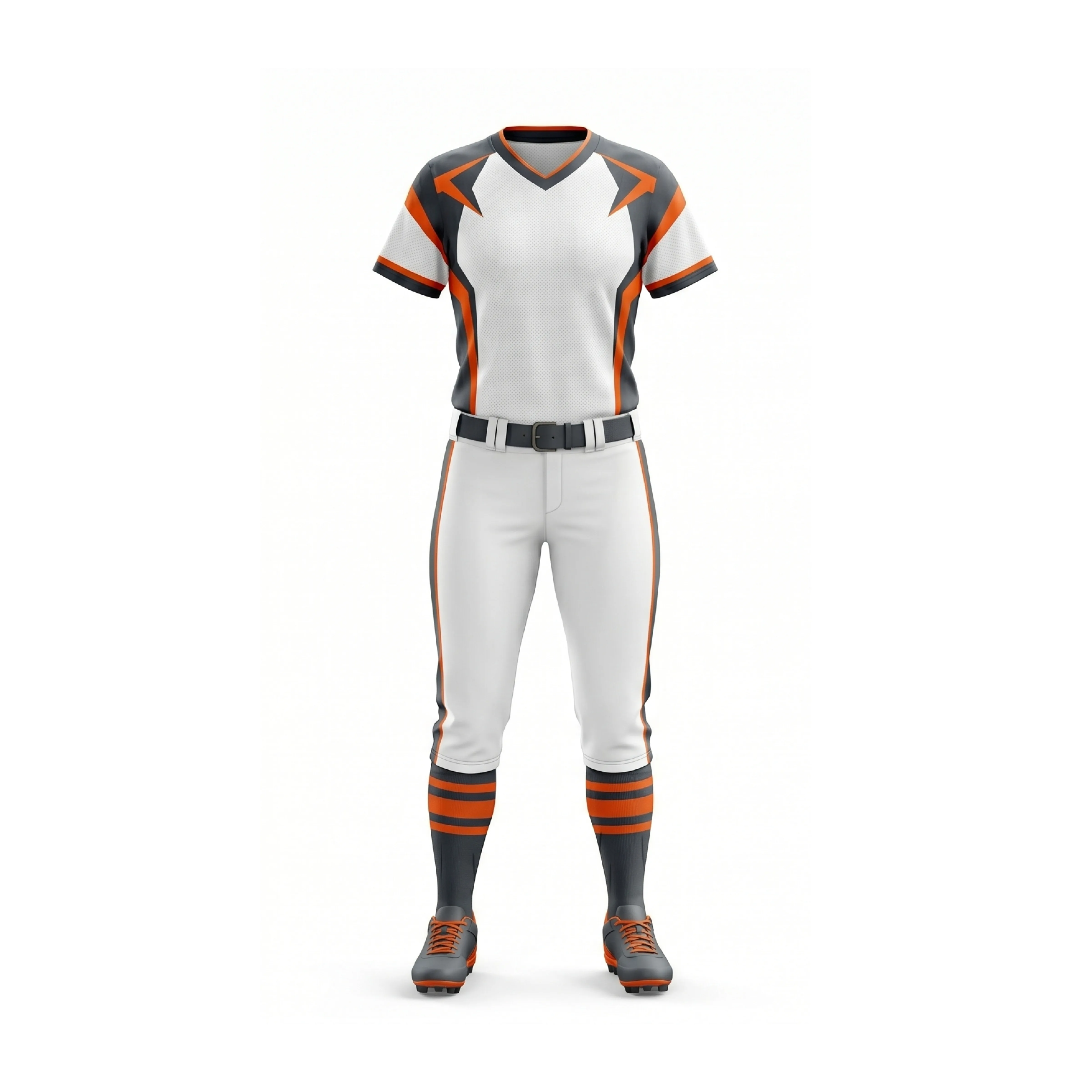 White Softball Uniform with Orange and Grey Stripes