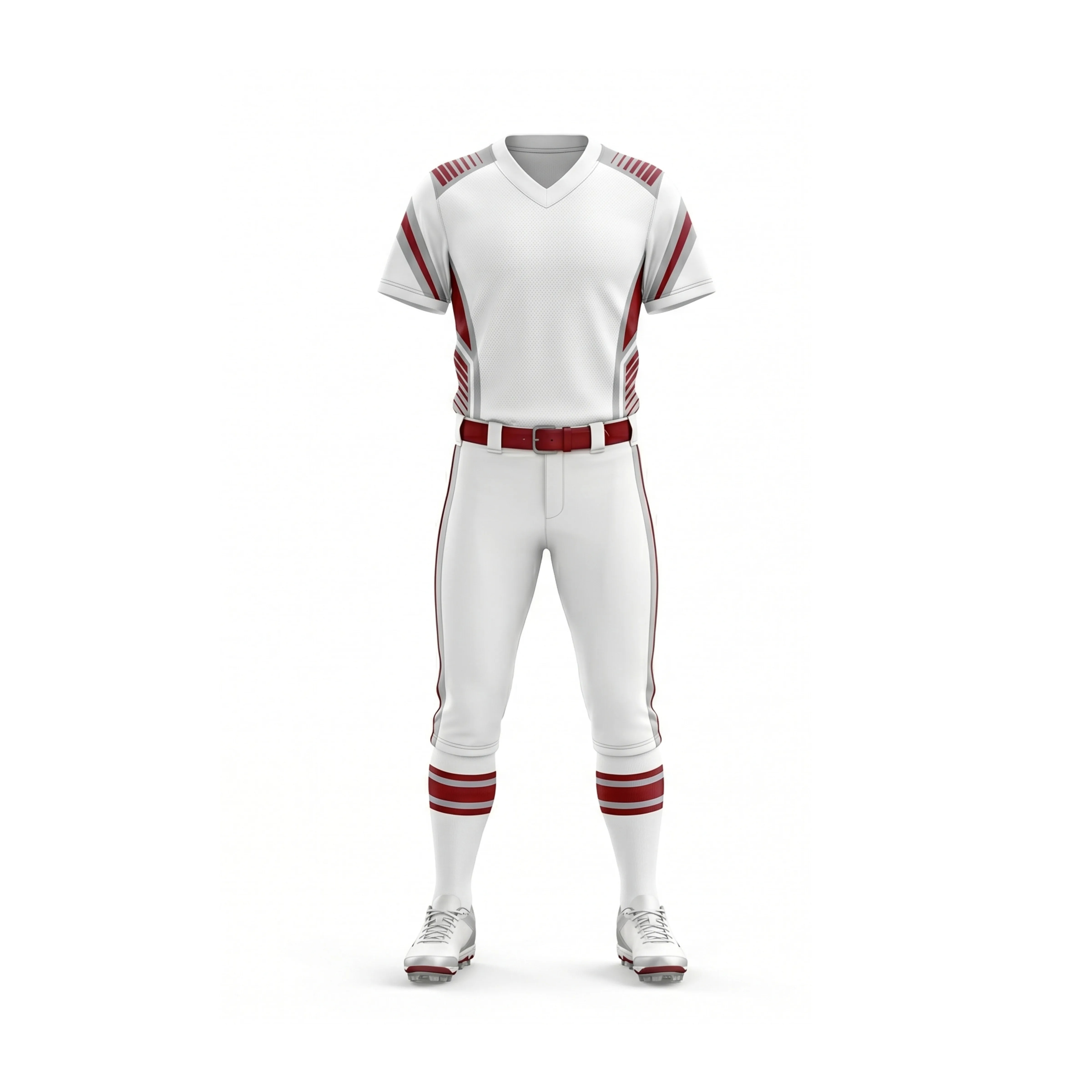 White Softball Uniform with Red Accents and Striped Sleeves