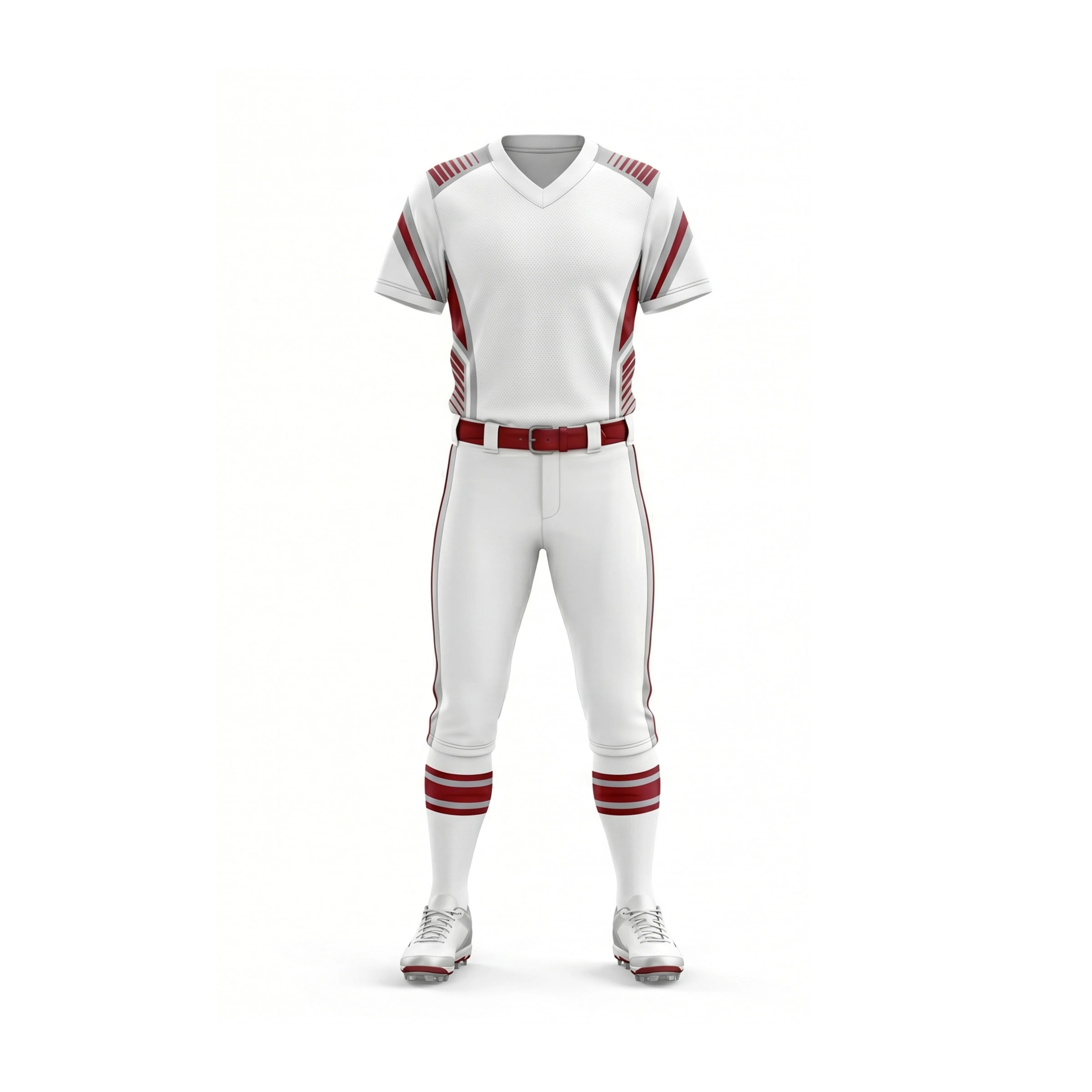White Softball Uniform with Red Accents and Striped Sleeves