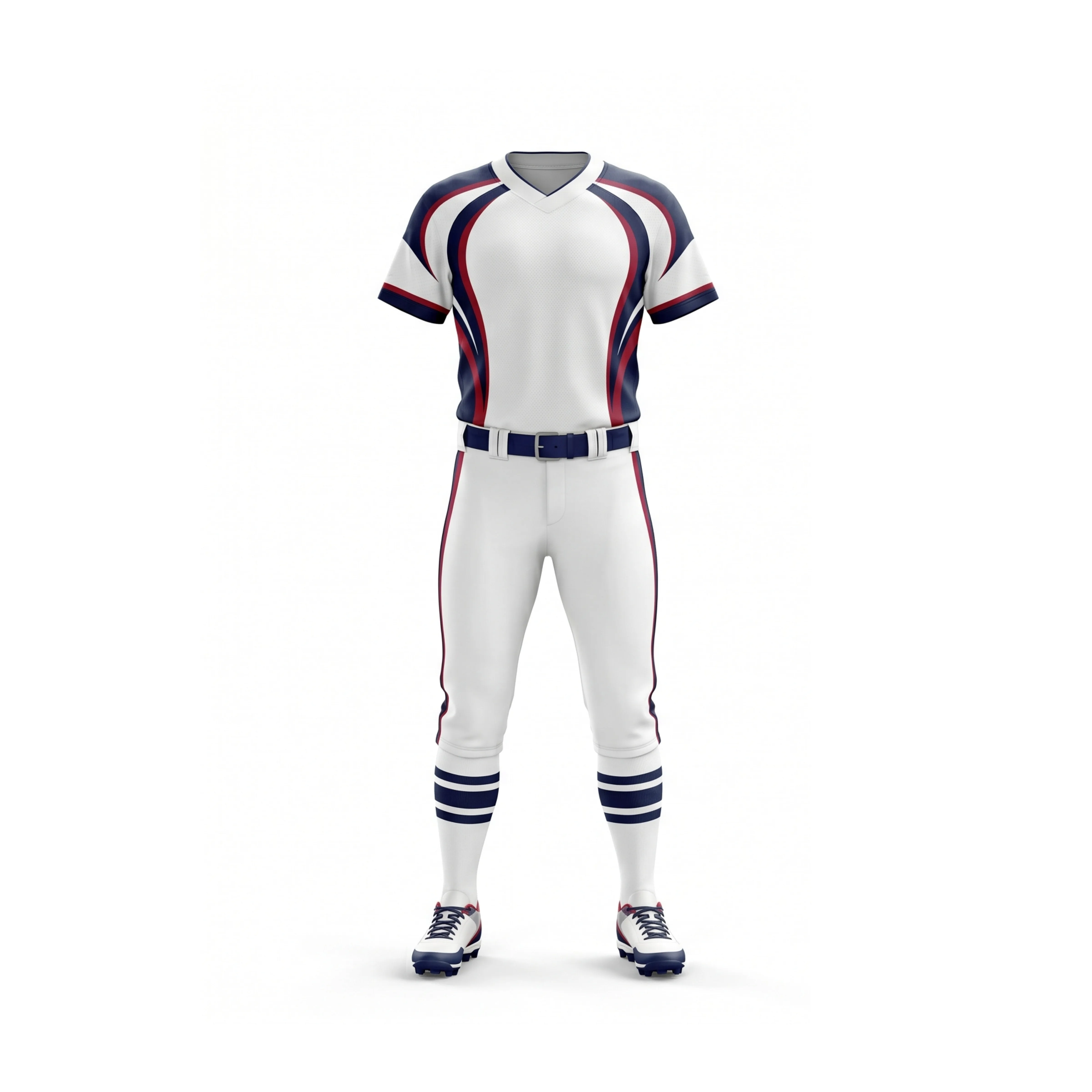 White Softball Uniform with Navy and Red Stripes