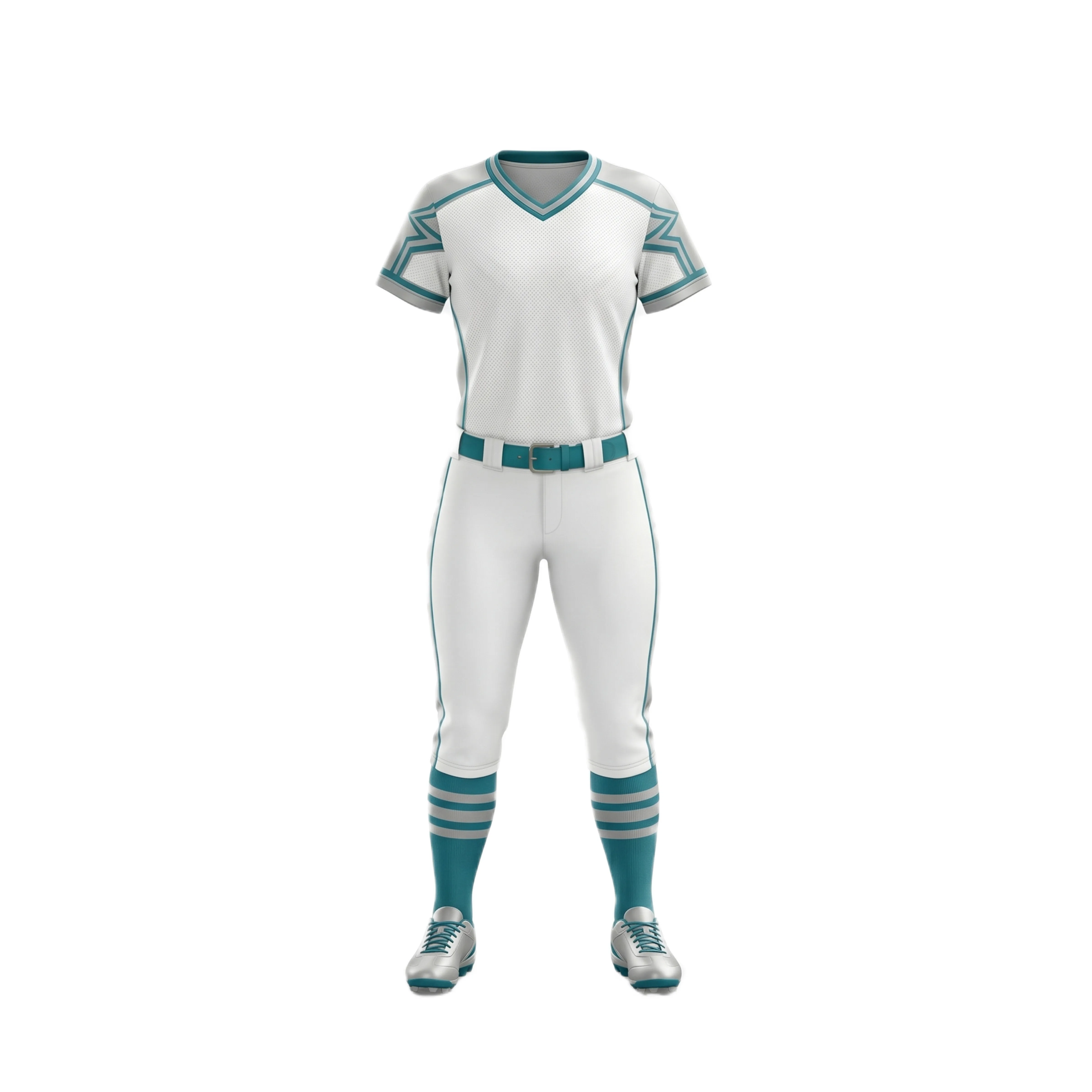 White & Teal Softball Uniform with Unique Sleeve Design