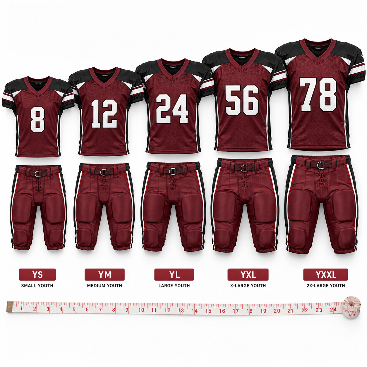 Youth football jersey sizing with measurement tape