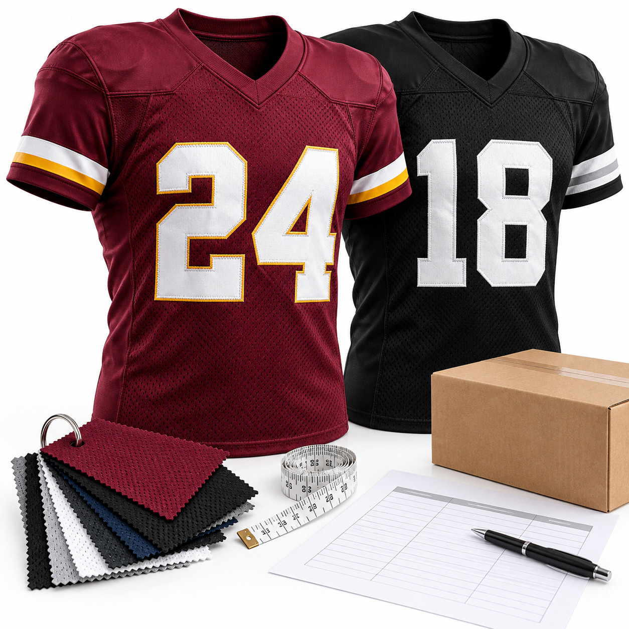 Custom football jersey supplier comparison with swatches and shipping details