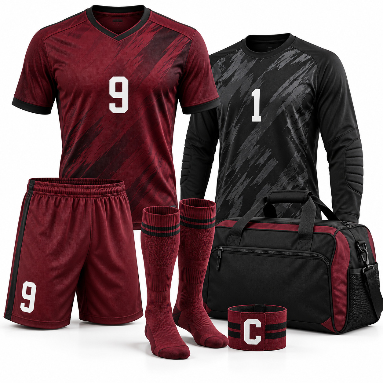 Full soccer team kit package with goalkeeper shirt shorts socks and bag