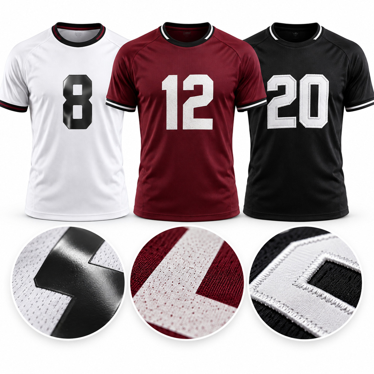 Football kit printing methods including heat transfer screen print and applique