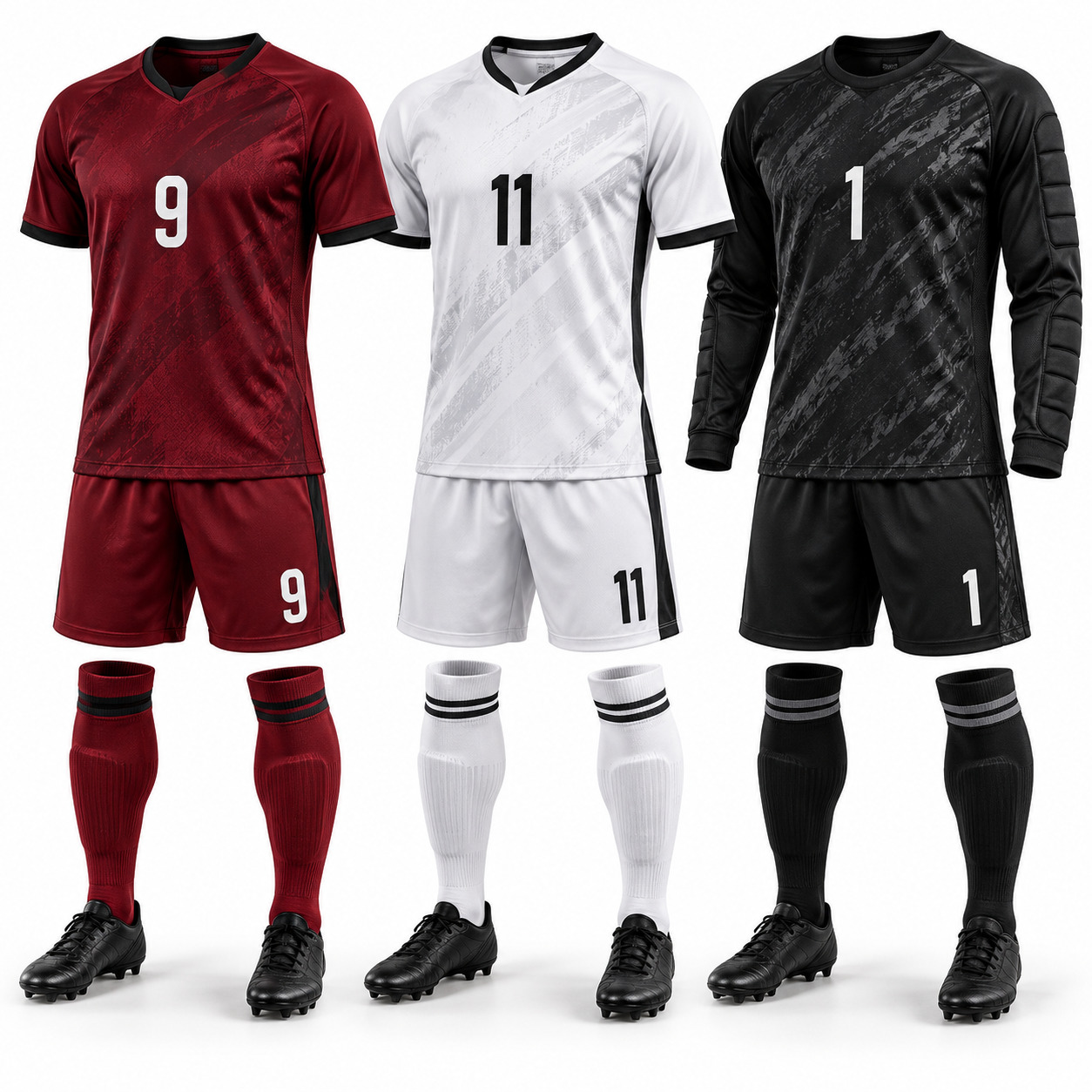 Coordinated home away and goalkeeper football kits